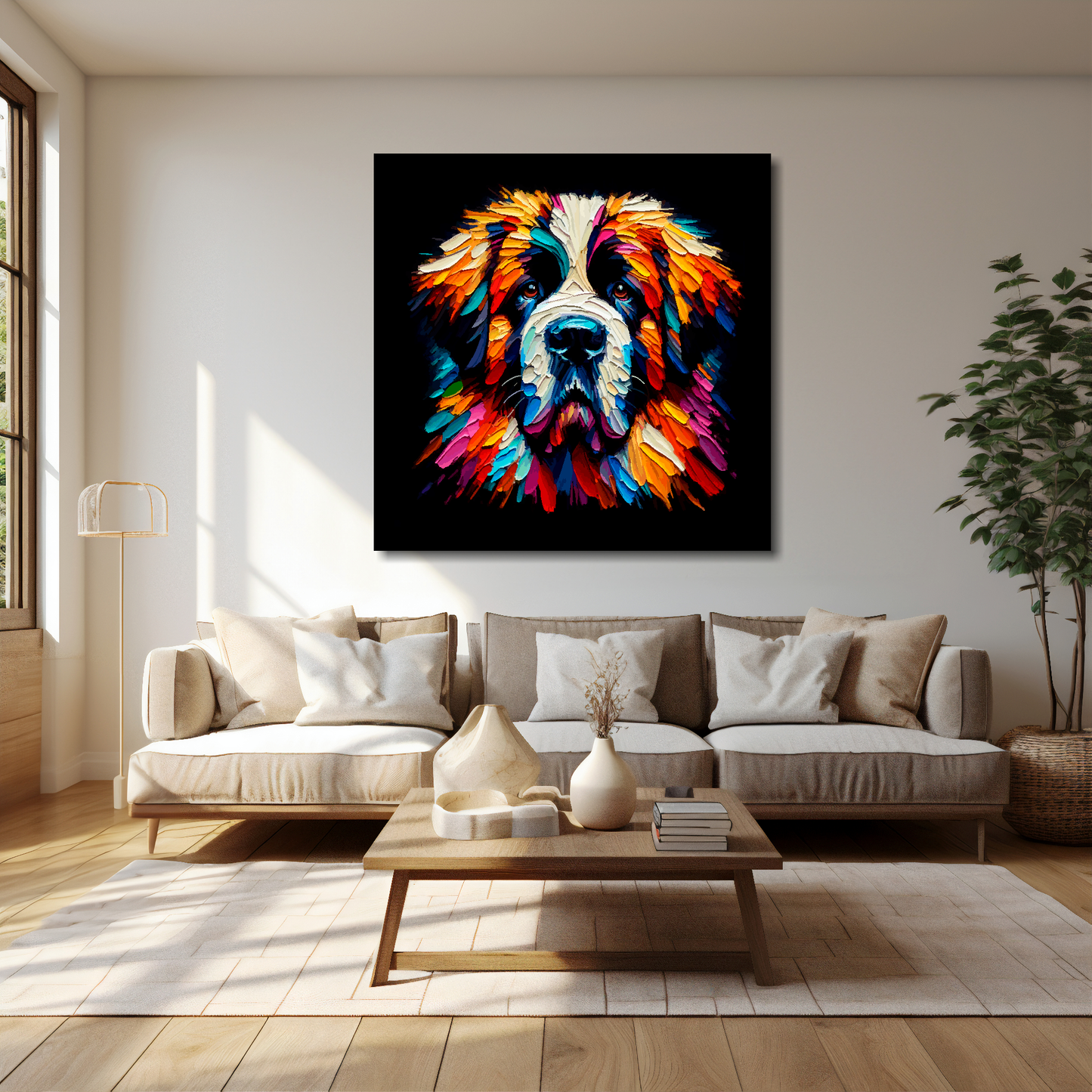 40 inch by 40 inch square canvas featuring a multi-coloured Saint Bernard dog portrait. Mounted on a cream wall above a cream sofa with decorative pillows.