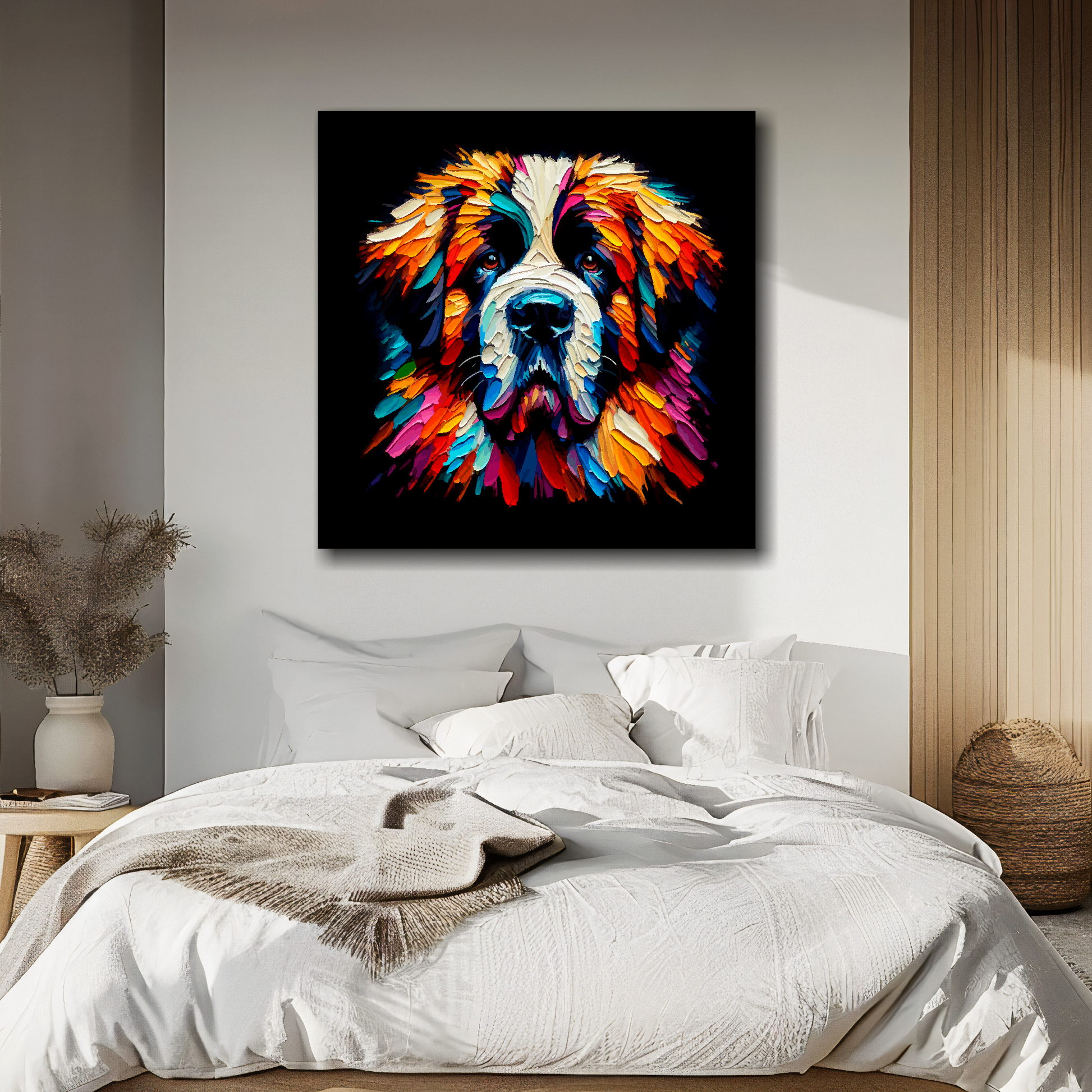 Square canvas featuring a multi-coloured Saint Bernard dog portrait. Mounted on a white wall above a double bed.