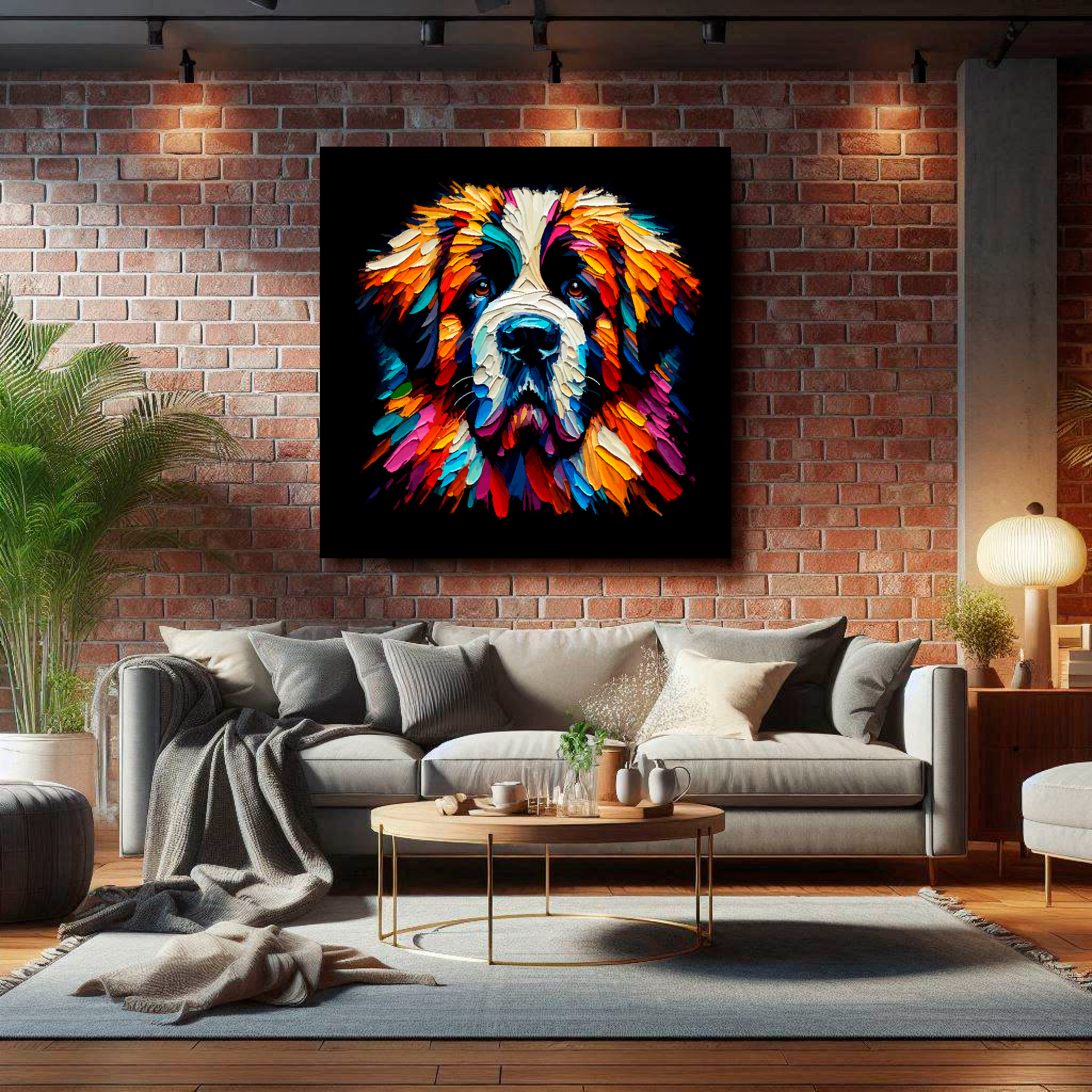 Large square canvas featuring a multi-coloured Saint Bernard dog portrait. Mounted on a brick wall above a gray sofa with decorative pillows.
