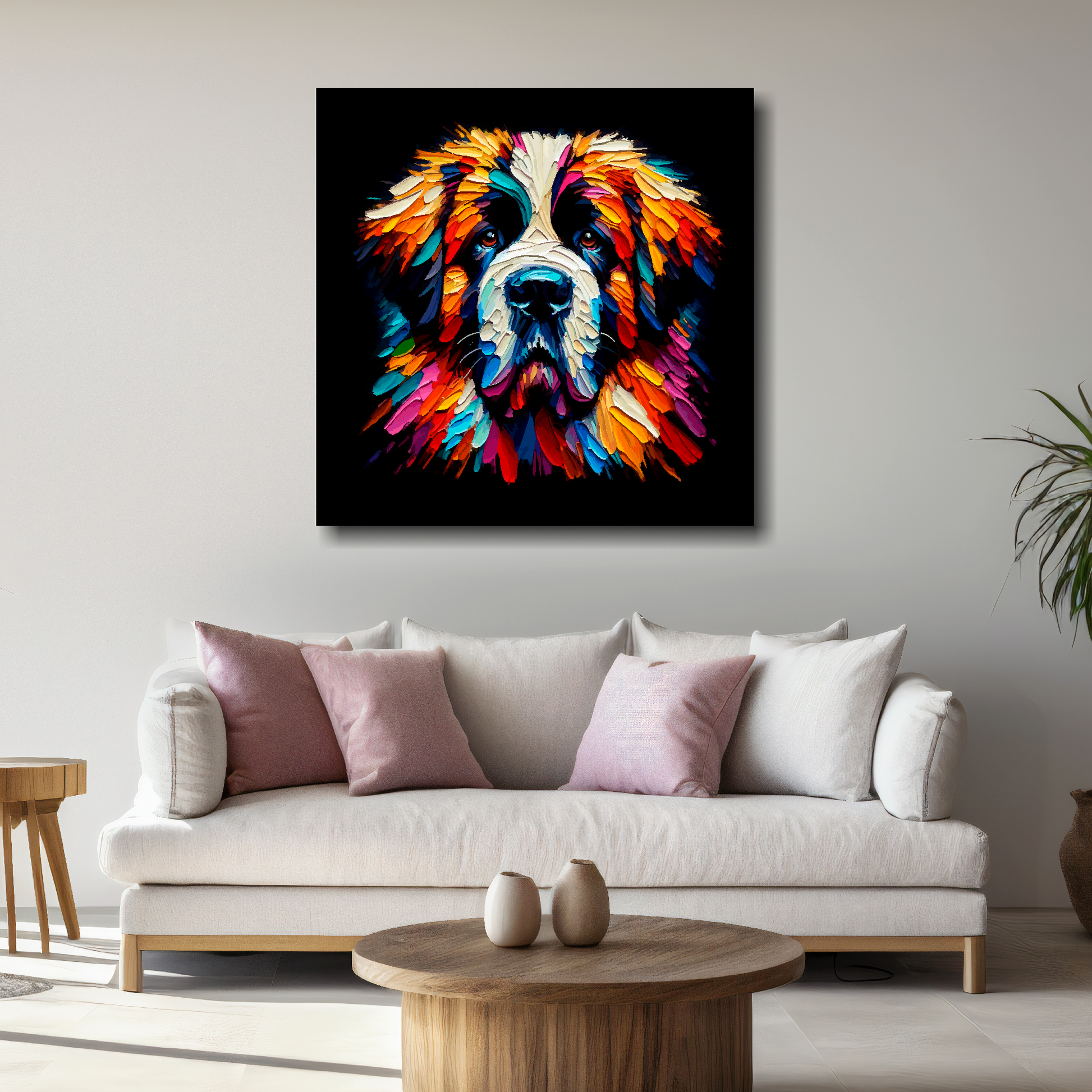 Square XL canvas featuring a multi-coloured Saint Bernard dog portrait. Mounted on a white wall above a white sofa with decorative pillows.