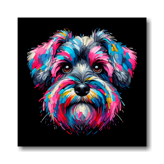 Colourful abstract painting of a Schnoodle dog's face on a black background.