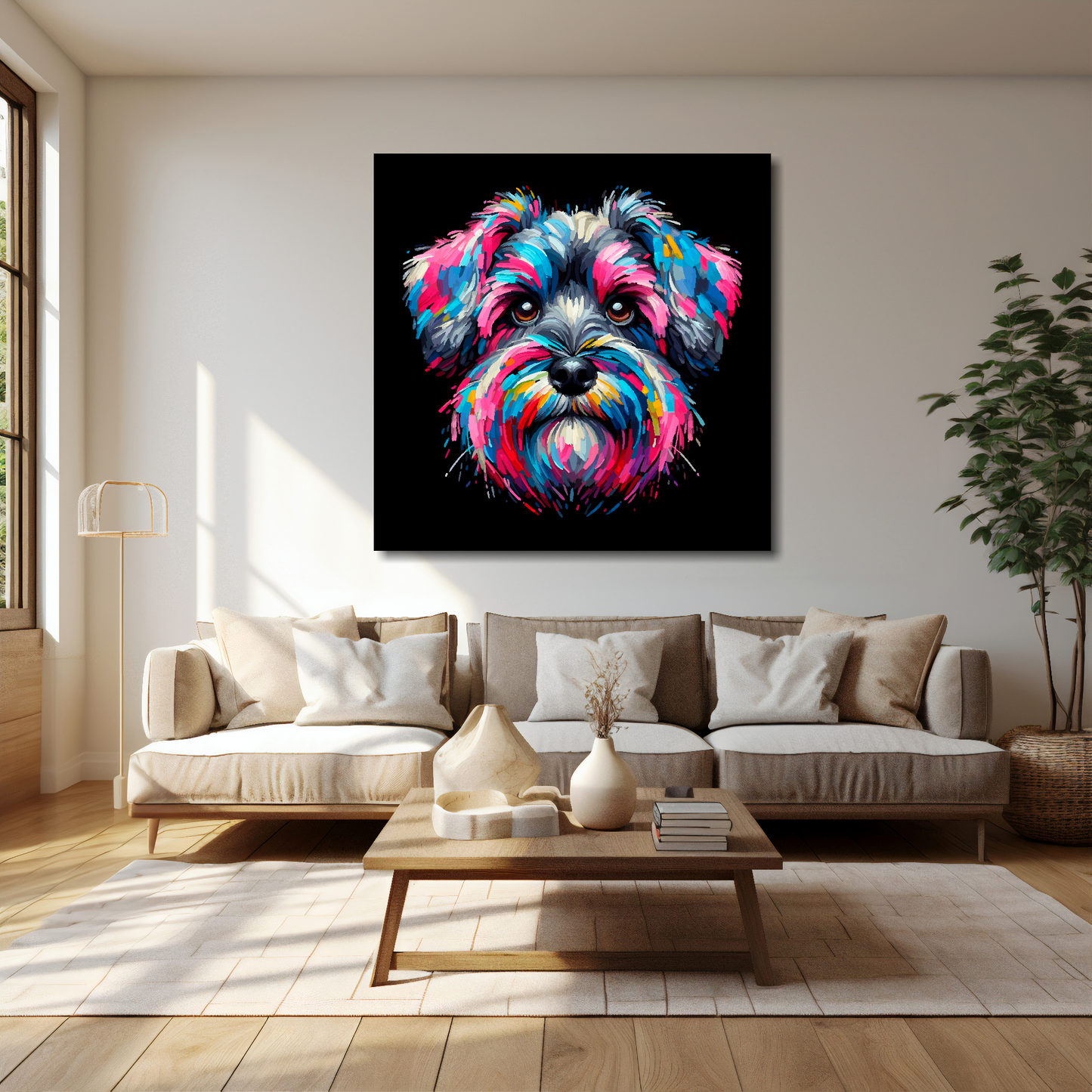 40 inch by 40 inch canvas print featuring a multi-coloured Schnoodle dog portrait. Mounted on a lounge cream wall above a cream sofa with decorative pillows.