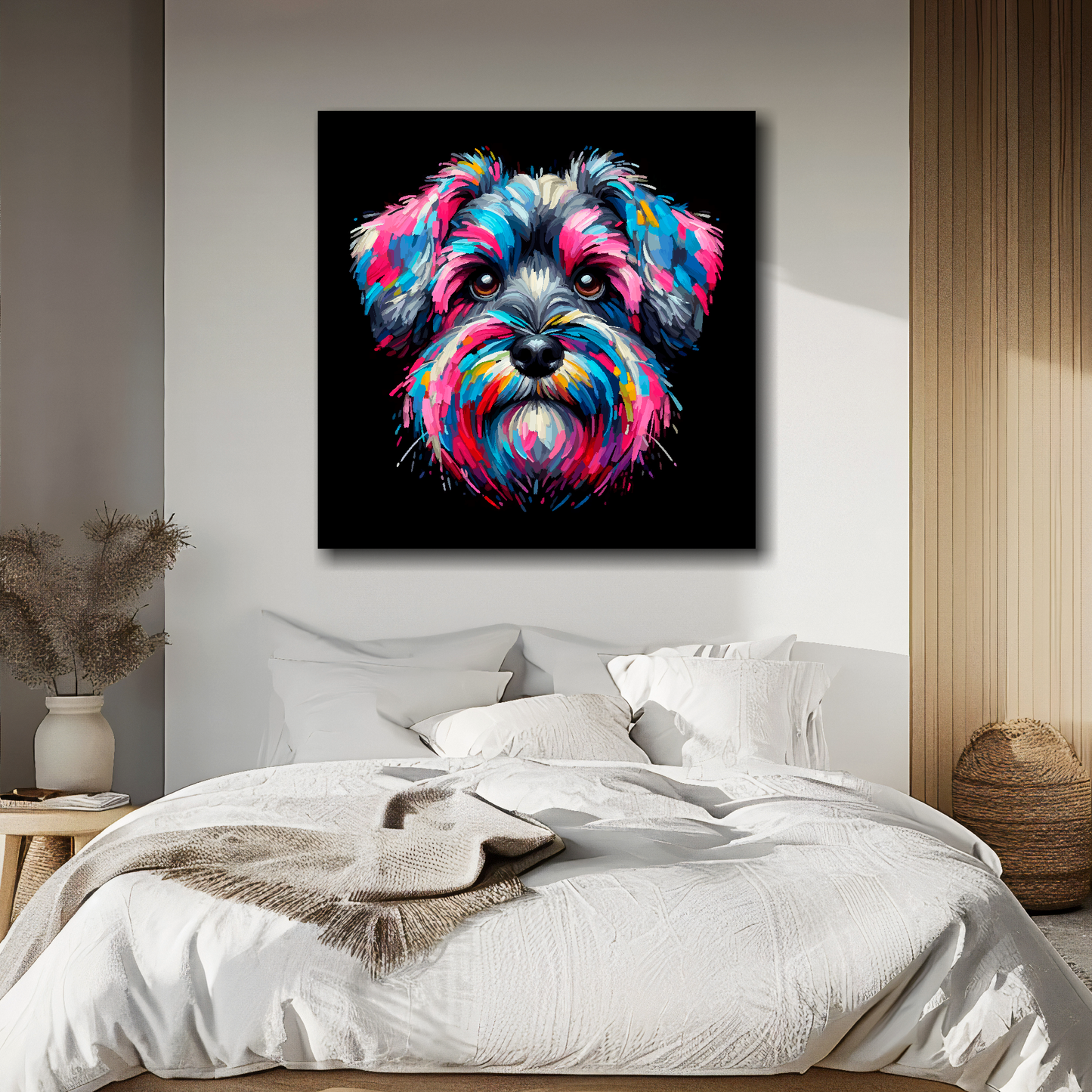 Canvas print featuring a multi-coloured Schnoodle dog portrait. Mounted on a white wall above a double bed.