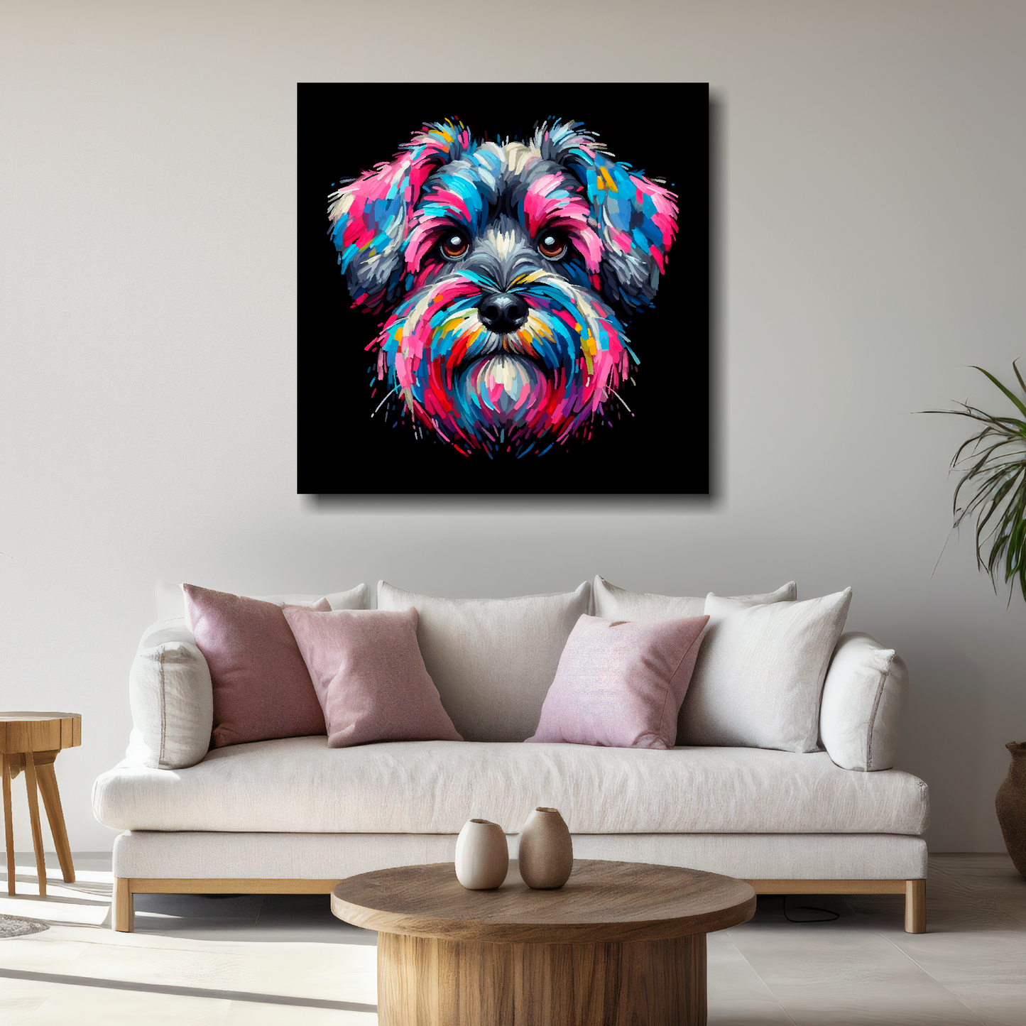 Large canvas print featuring a multi-coloured Schnoodle dog portrait. Mounted on a white wall above a white sofa with decorative pillows.
