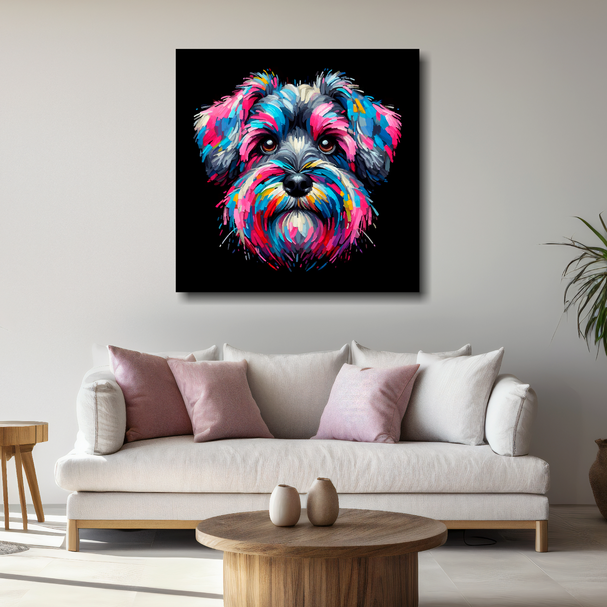 Large canvas print featuring a multi-coloured Schnoodle dog portrait. Mounted on a white wall above a white sofa with decorative pillows.