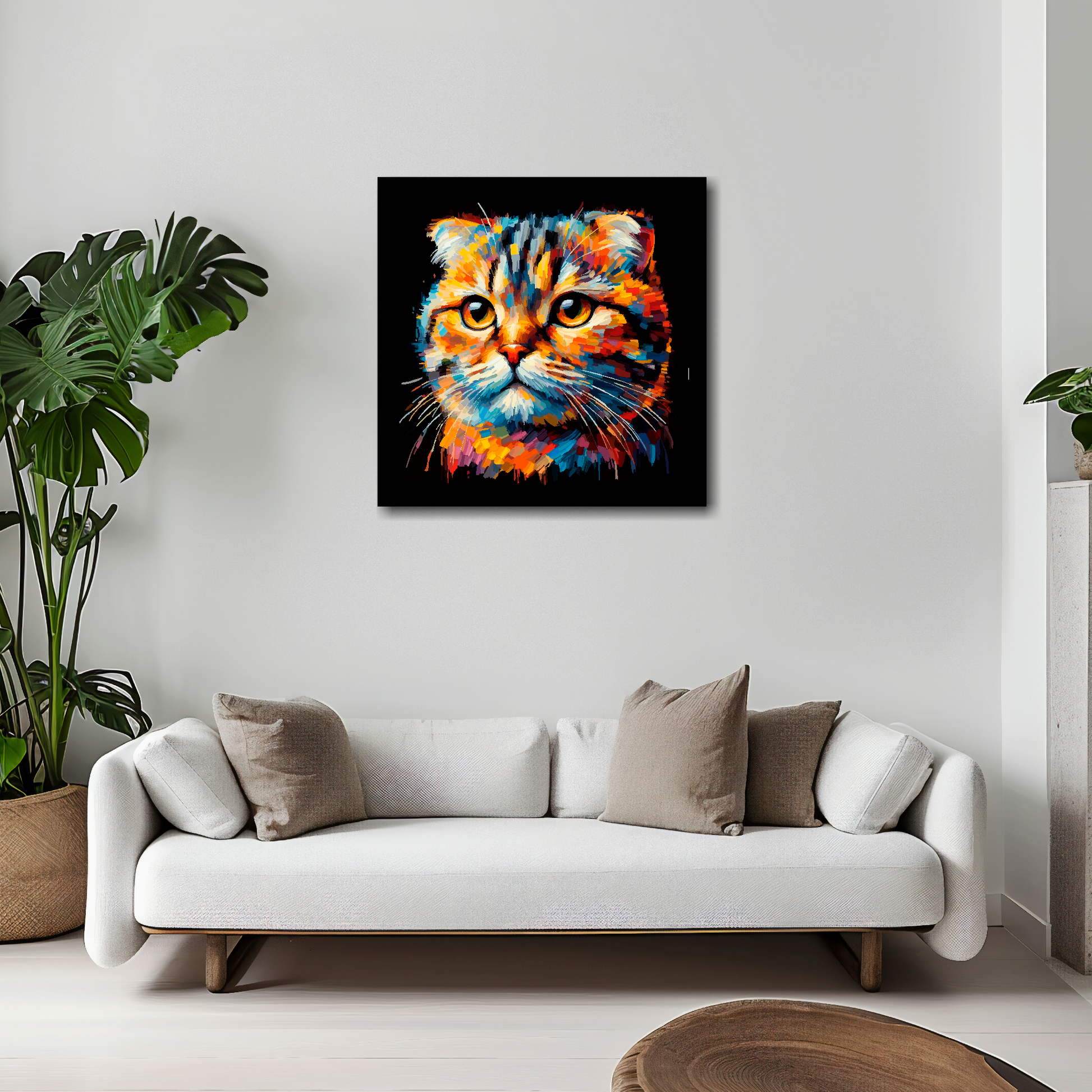 20 inch by 20 inch square canvas of a colourful Scottish Fold cat head portrait on a black background. Mounted on a white wall above a white sofa with decorative pillows.