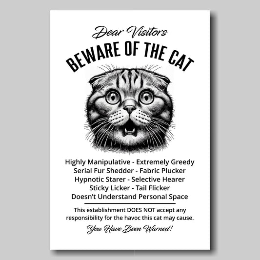 A funny Scottish Fold 'Beware of the Cat' disclaimer notice. Black text and dog image on a white background. Available in 4 Canvas sizes. A great gift for cat owners.