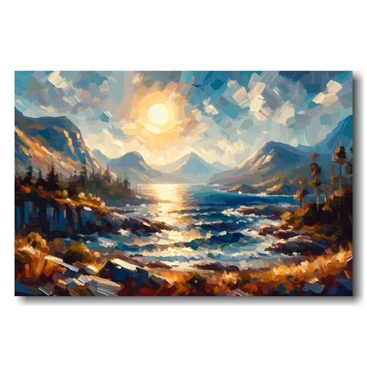 Painting of the Scottish Highlands with mountains and a sunlit sky.