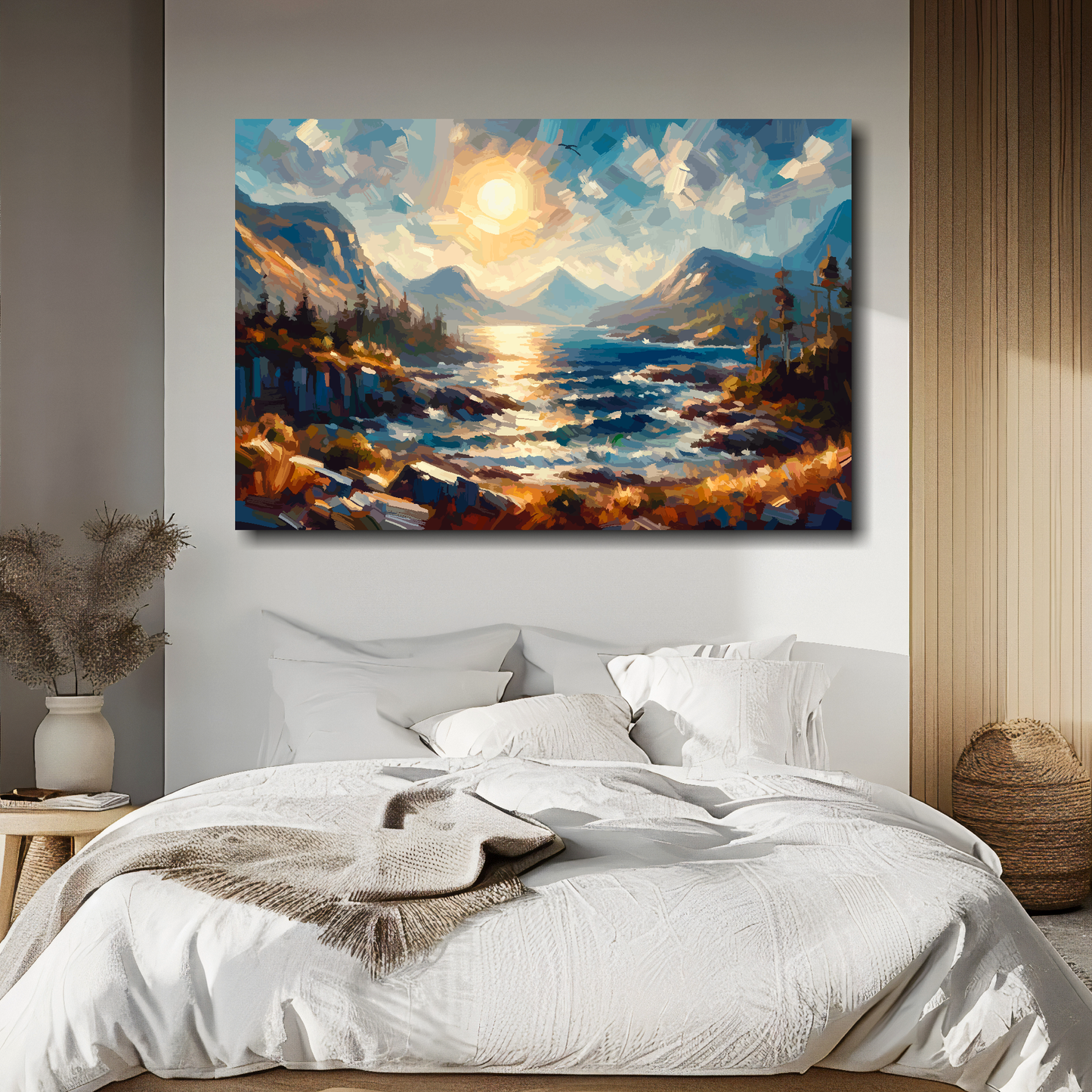 Painting of a mountain landscape with a lake above a bed in a bedroom.