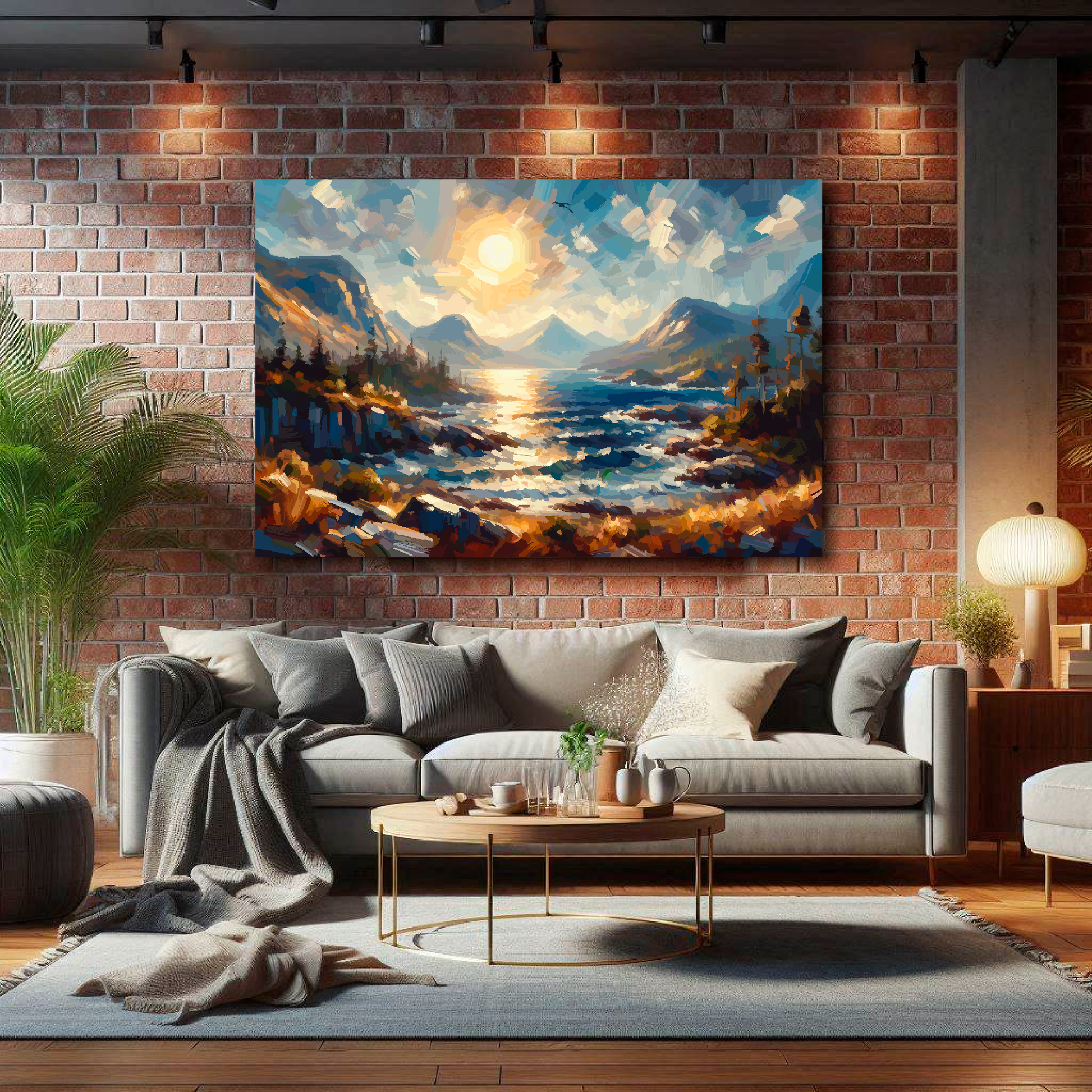 Living room with a gray sofa, coffee table, and a large painting of a mountain landscape on a brick wall.
