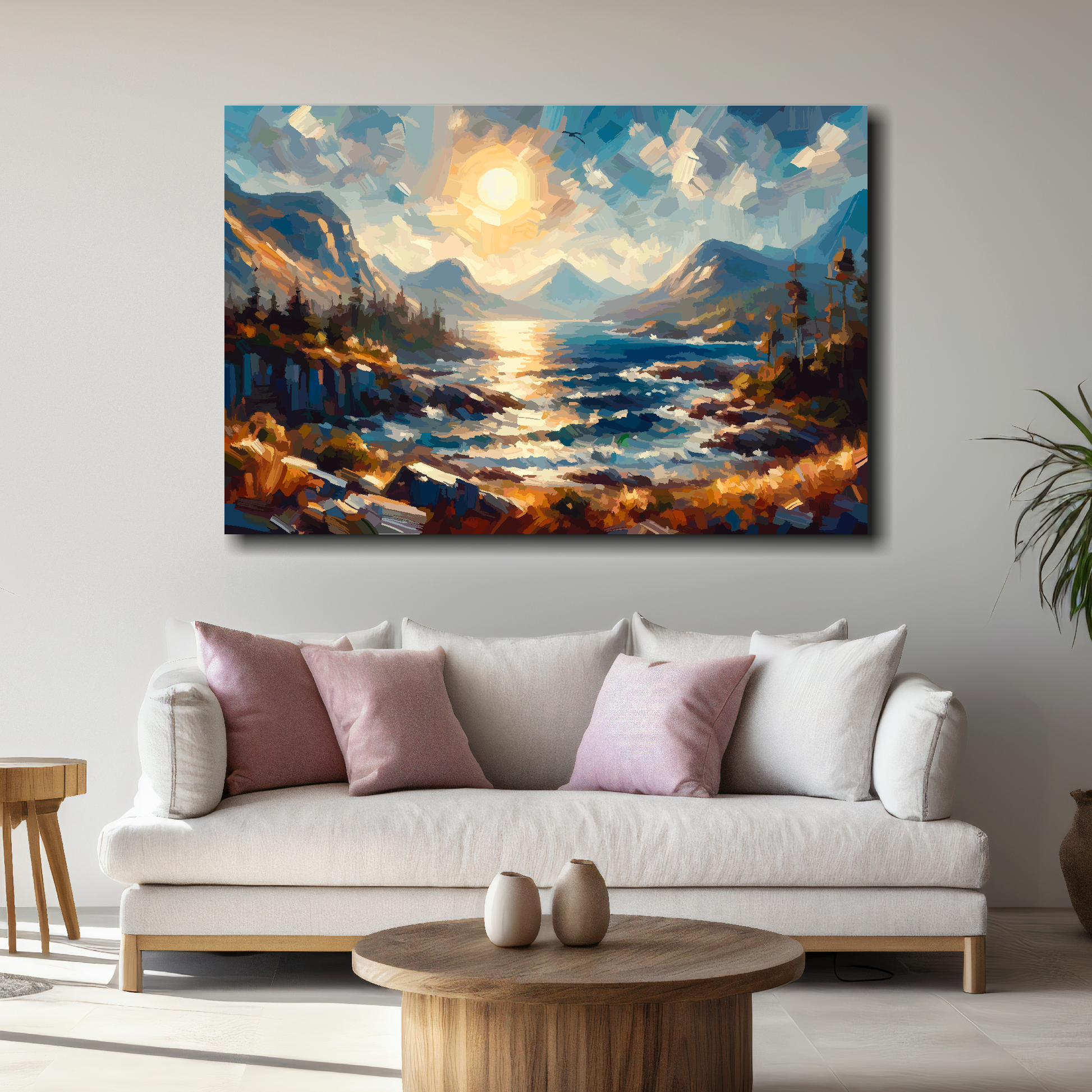 Painting of a mountain landscape with a lake above a white sofa in a living room.