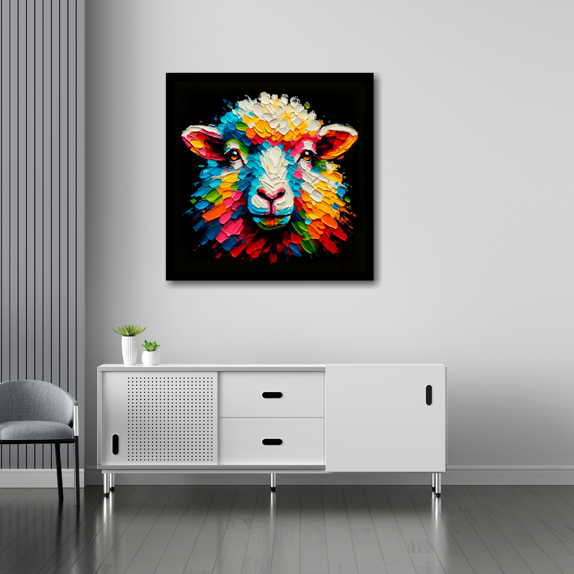 30 inch by 30 inch square canvas of a colouful Sheep head portrait on a black background. Mounted on a white wall above a white sideboard.