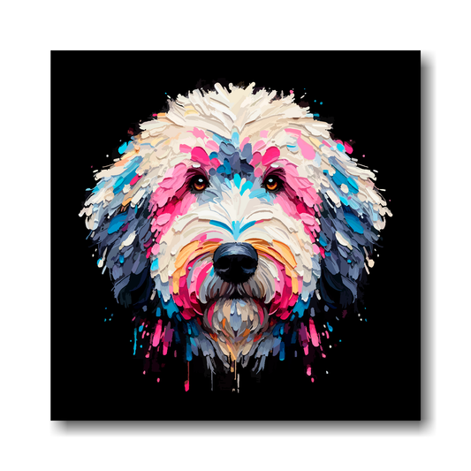 Colourful abstract painting of a Sheepadoodle dog's face on a black background.
