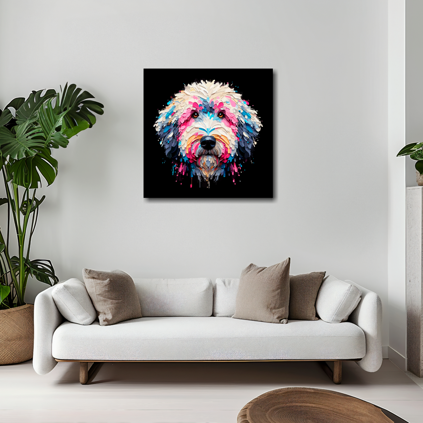20 inch by 20 inch canvas print featuring a multi-coloured Sheepadoodle dog portrait. Mounted on a white wall above a white sofa with decorative pillows.