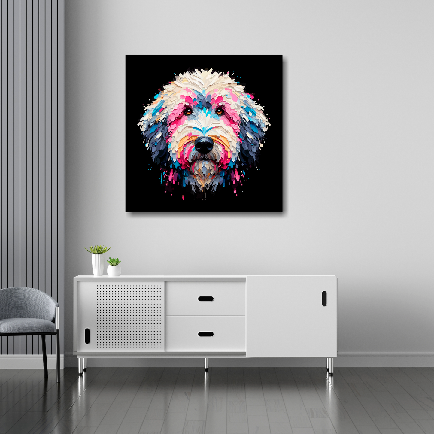 30 inch by 30 inch canvas print featuring a multi-coloured Sheepadoodle dog portrait. Mounted on a white wall above a white sideboard.