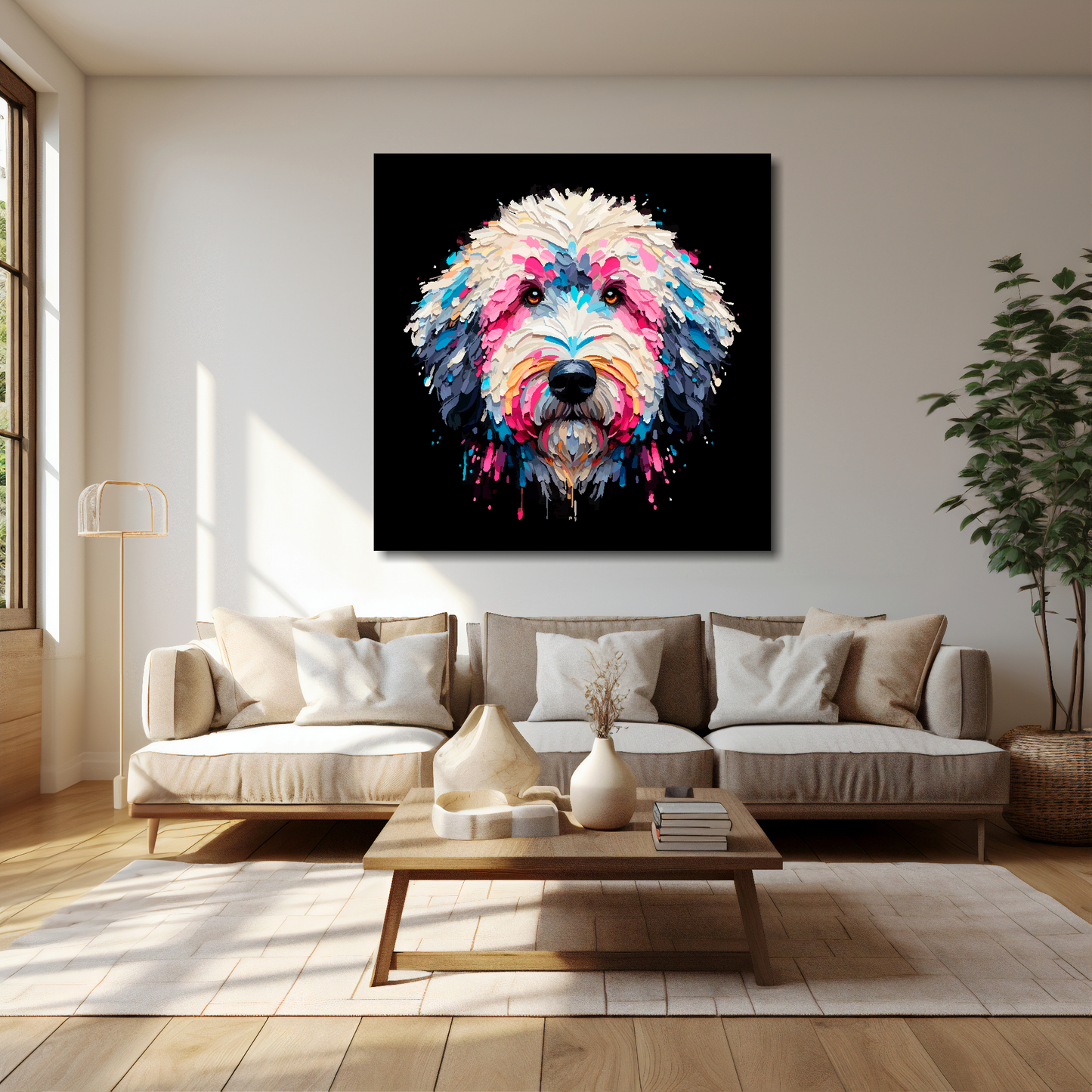 40 inch by 40 inch canvas print featuring a multi-coloured Sheepadoodle dog portrait. Mounted on a cream wall above a cream sofa with decorative pillows.
