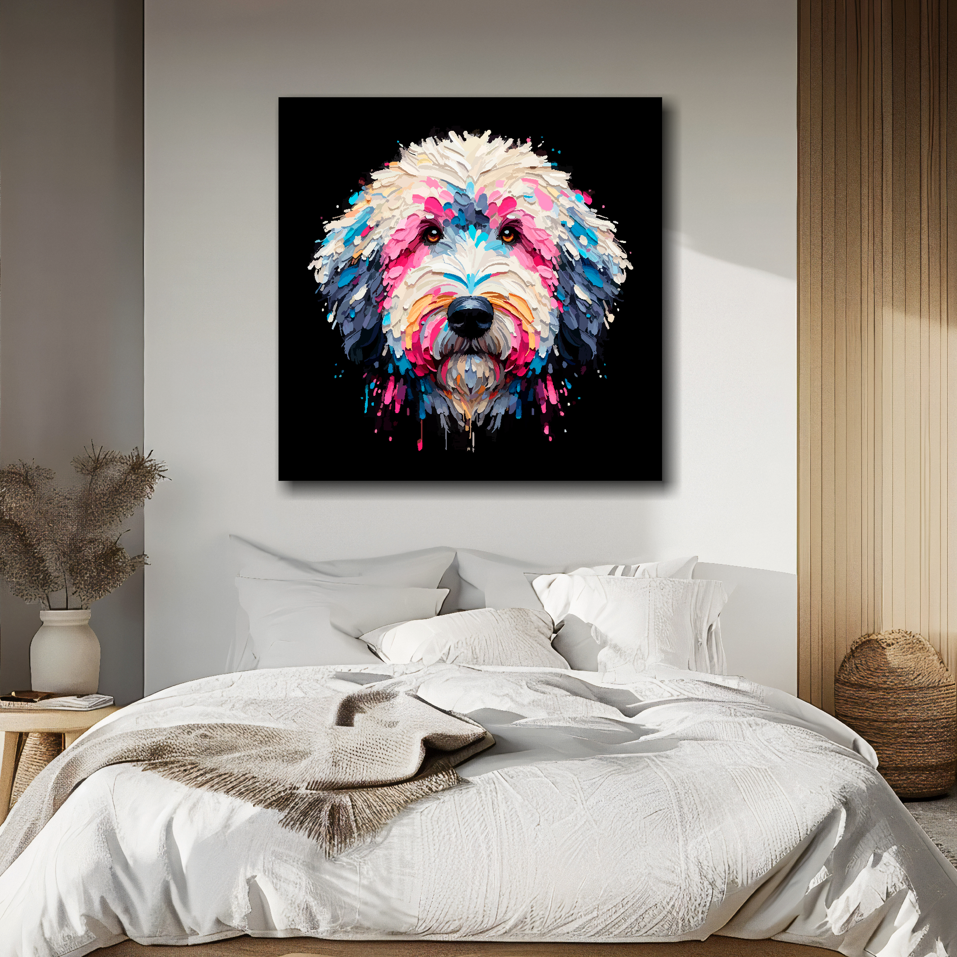 Canvas print featuring a multi-coloured Sheepadoodle dog portrait. Mounted on a white wall above a double bed.