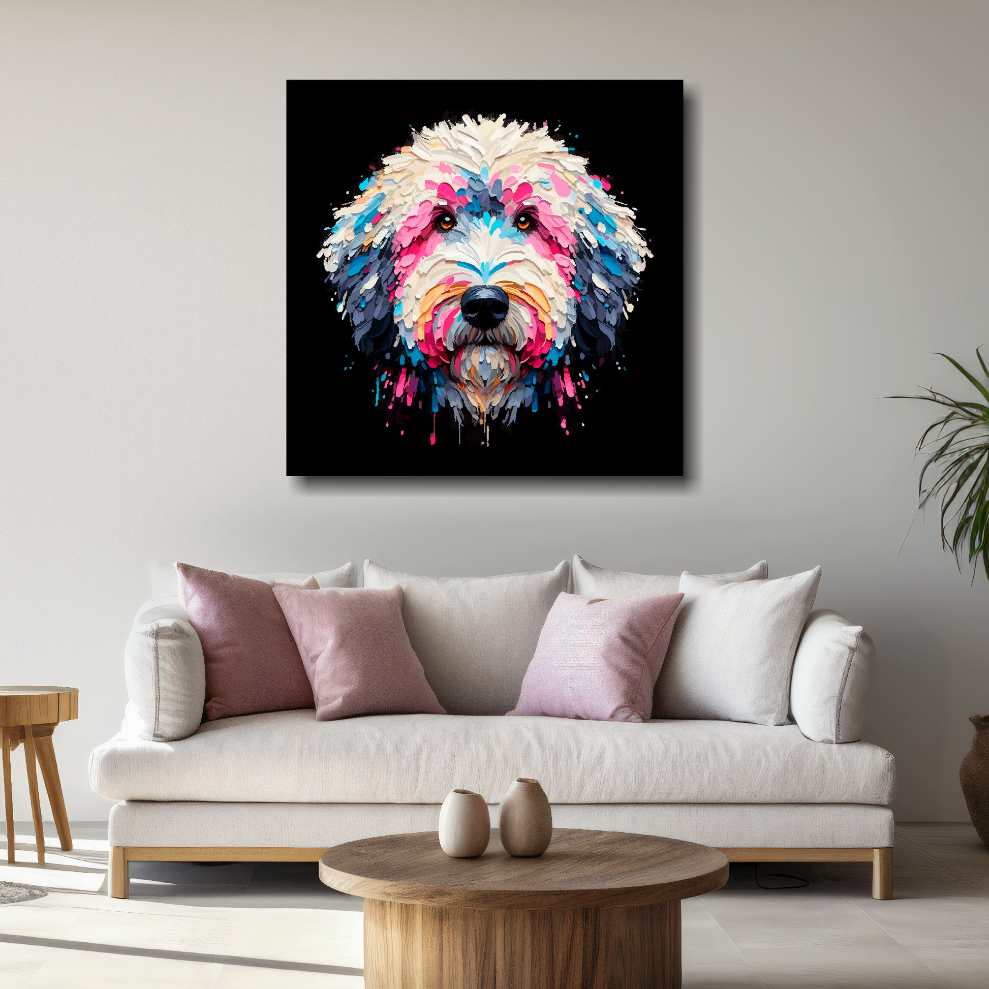 Large canvas print featuring a multi-coloured Sheepadoodle dog portrait. Mounted on a white wall above a white sofa with decorative pillows.