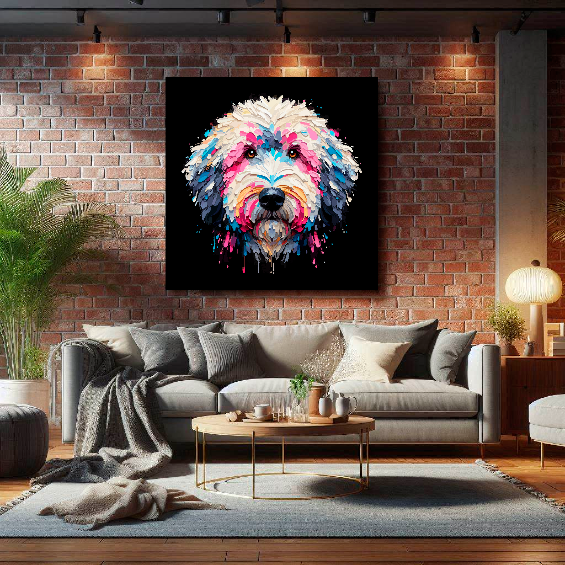 XL canvas print featuring a multi-coloured Sheepadoodle dog portrait. Mounted on a lounge brick wall above a grey sofa with decorative pillows.