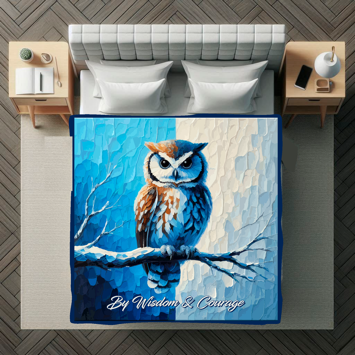 Bed with a decorative blanket featuring a Sheffield Wednesday owl design in a bedroom setting.