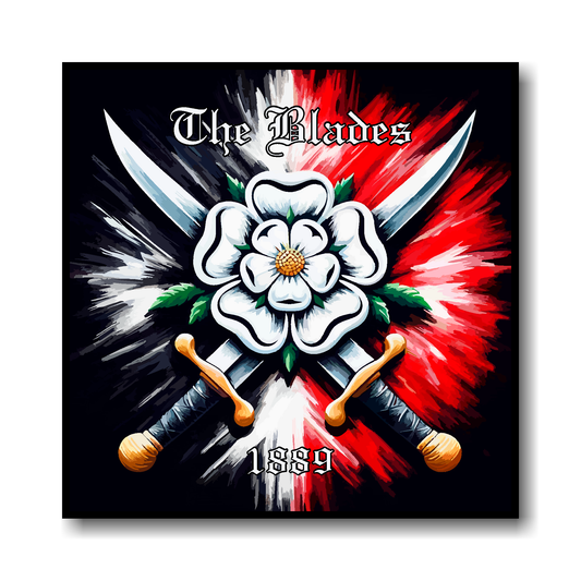 Sheffield United FC inspired canvas, featuring two crossed swords with a white Yorkshire rose on a black and red background. 'The Blades' written at the top with '1889' at the bottom.