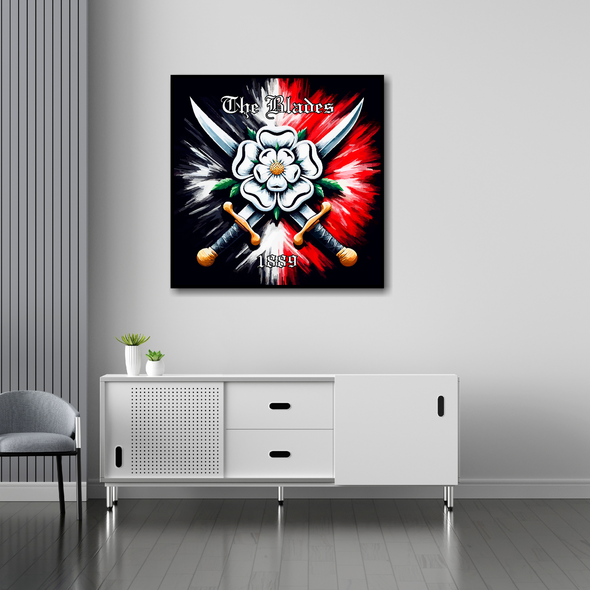 Sheffield United inspired canvas 30x30 inches above sideboard - large colourful UK football art made in Britain