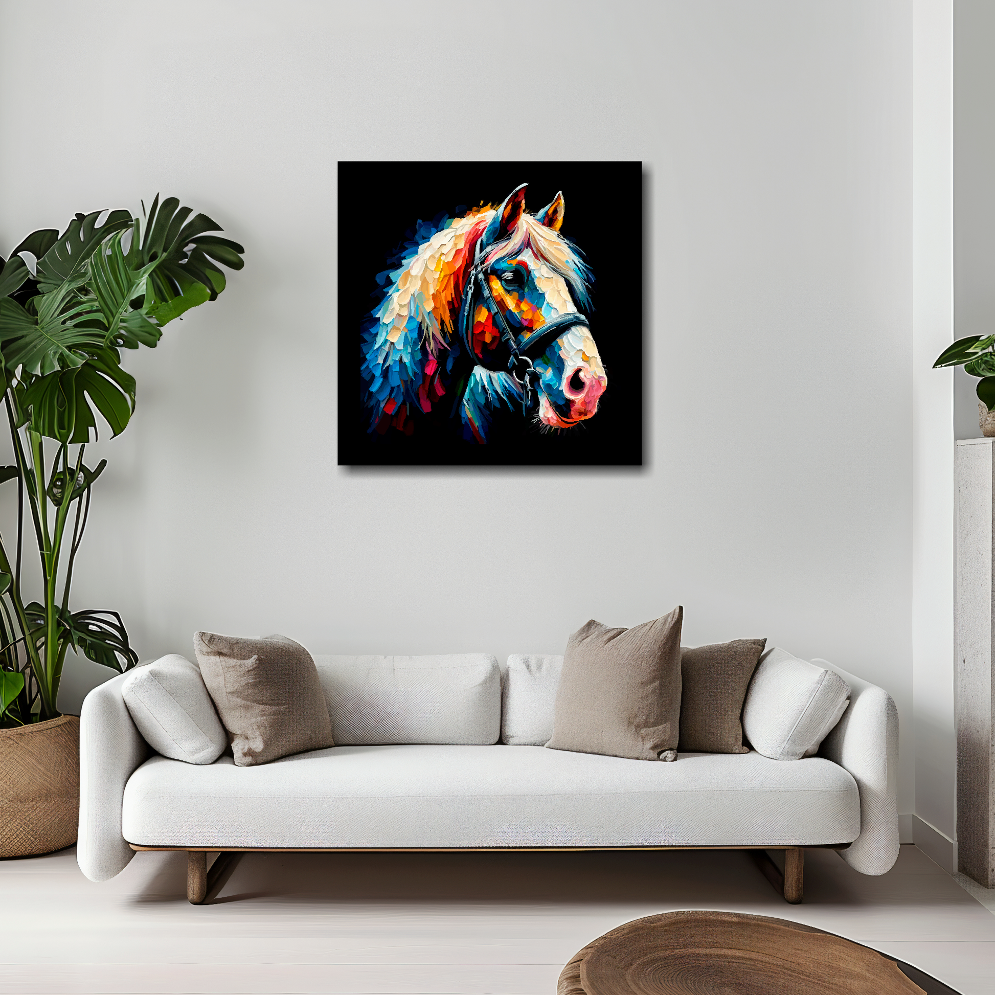 20 inch by 20 inch square canvas of a colouful Shire Horse head portrait on a black background. Mounted on a white wall above a white sofa with decorative pillows.