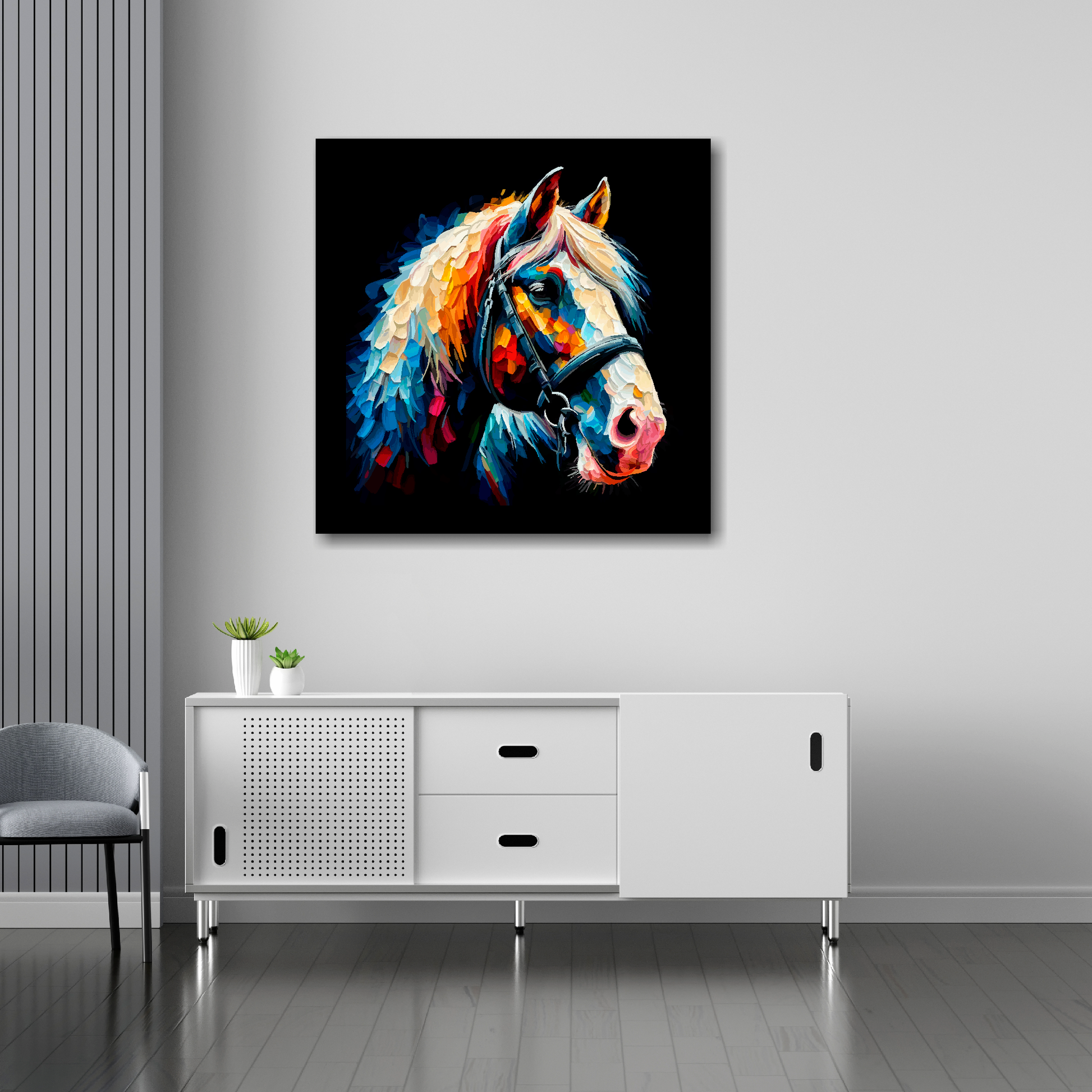 30 inch by 30 inch square canvas of a colouful Shire Horse head portrait on a black background. Mounted on a white wall above a white sideboard.