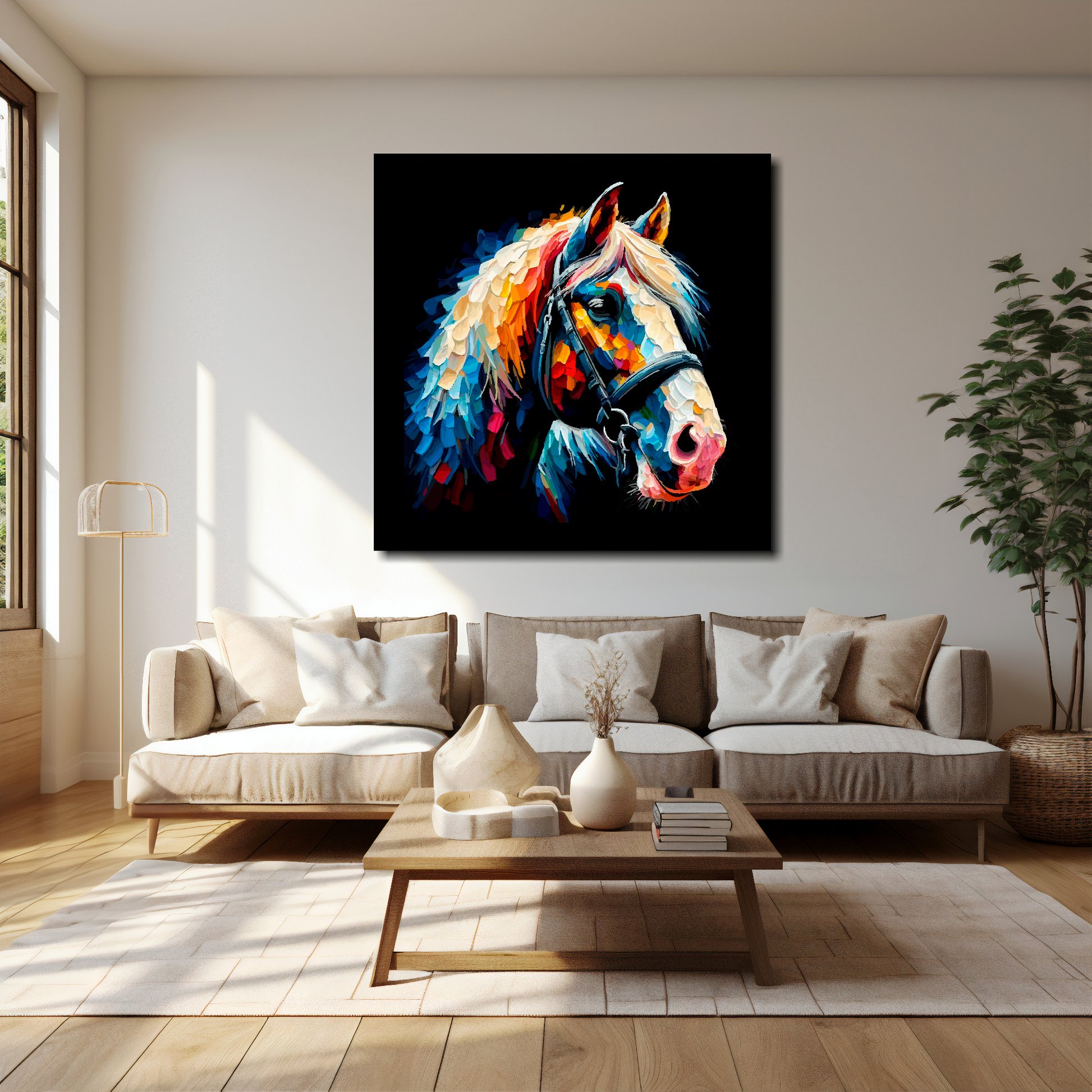 40 inch by 40 inch square canvas of a colouful Shire Horse head portrait on a black background. Mounted on a white wall above a cream sofa with decorative pillows.