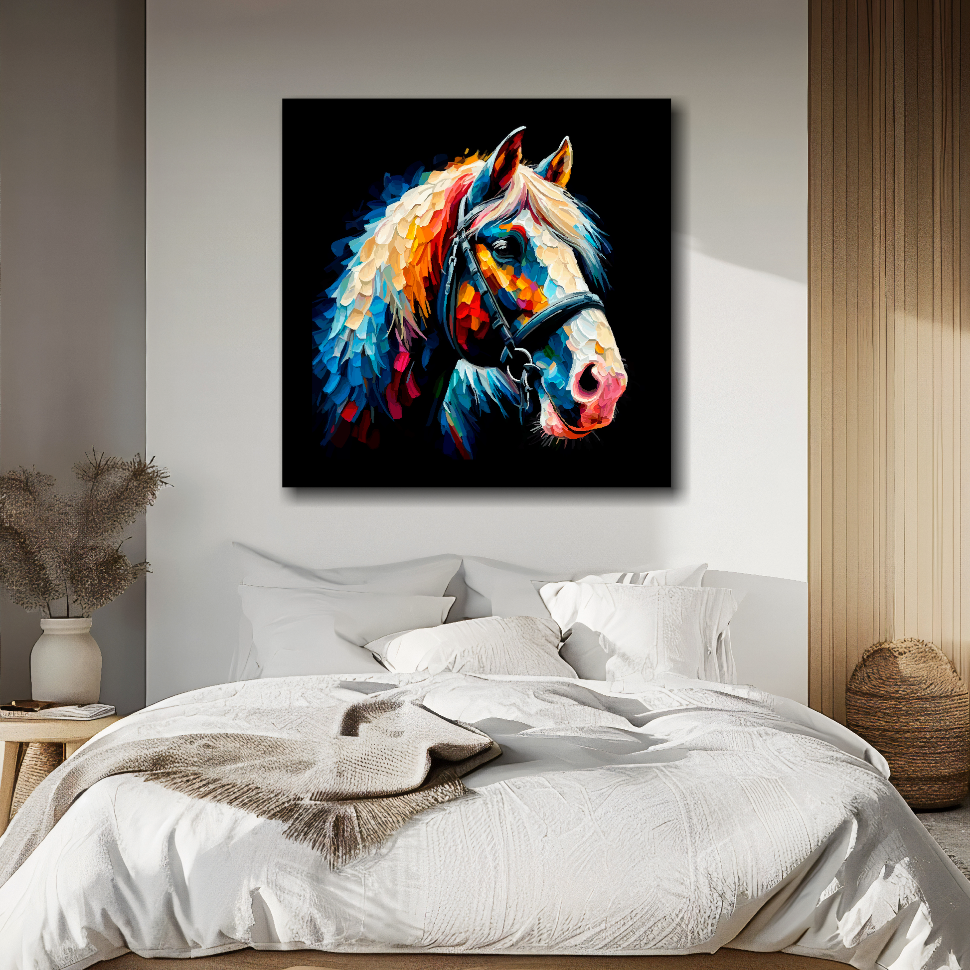 Large canvas wall art - Colourful Shire Horse portrait on a black background. Available in 3 large sizes.