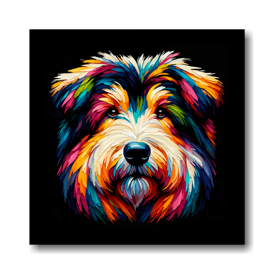 Colourful portrait painting of a Shollie dog's face on a black background.