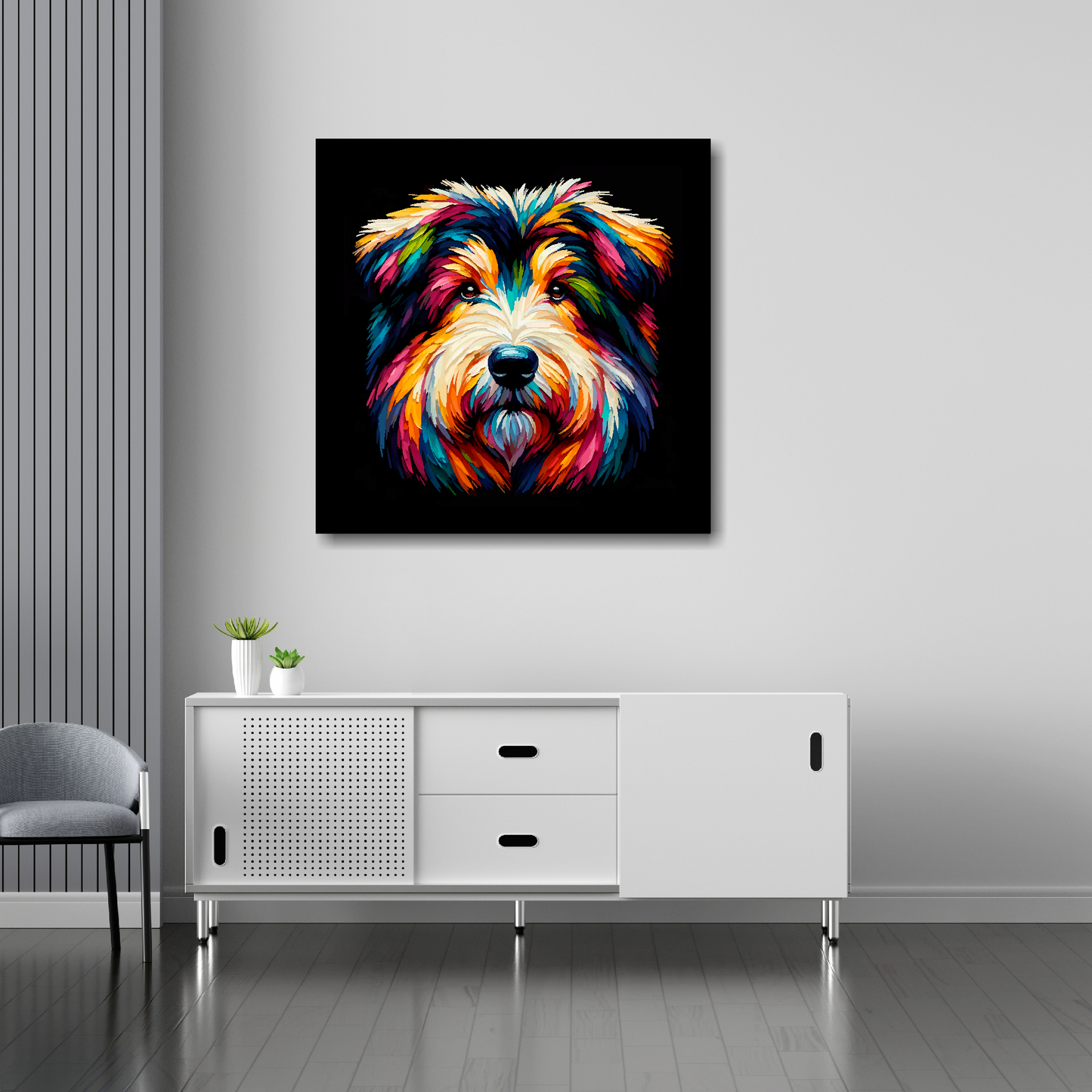 30 inch by 30 inch square canvas featuring a multi-coloured Shollie dog portrait. Mounted on a white wall above a white sideboard.