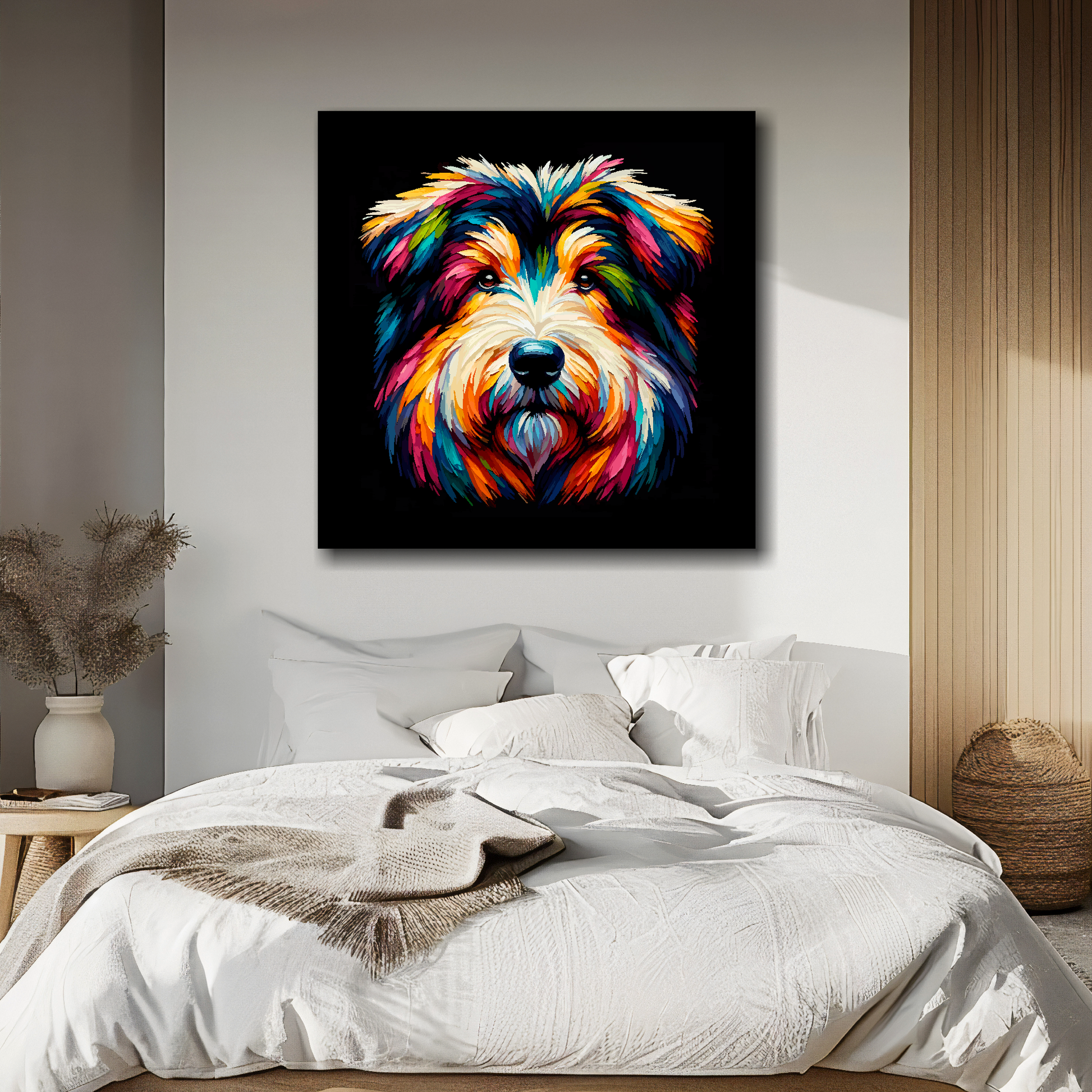 Large canvas featuring a multi-coloured Shollie dog portrait. Mounted on a white wall above a double bed.