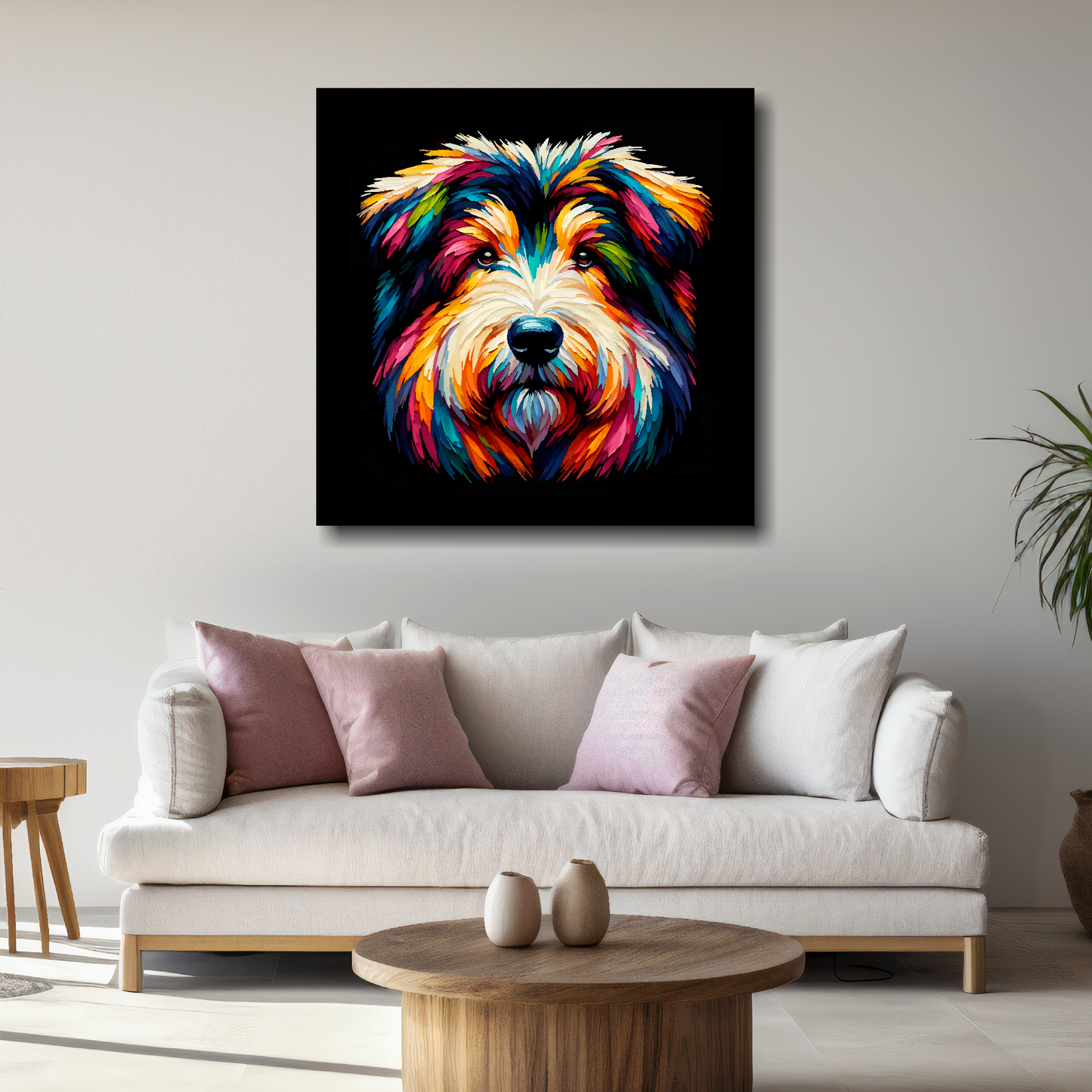 Large canvas featuring a multi-coloured Shollie dog portrait. Mounted on a white wall above a white sofa with decorative pillows.