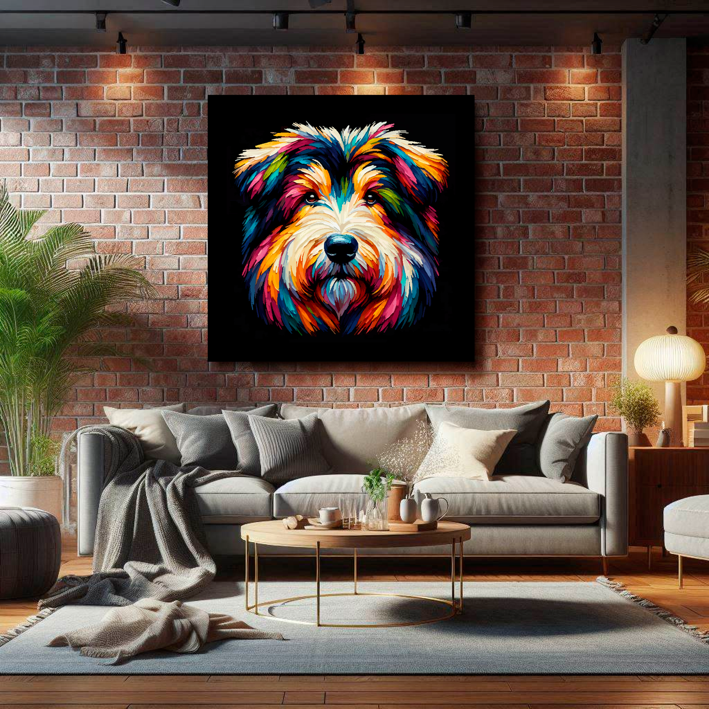 XL canvas featuring a multi-coloured Shollie dog portrait. Mounted on a lounge brick wall above a grey sofa with decorative pillows.