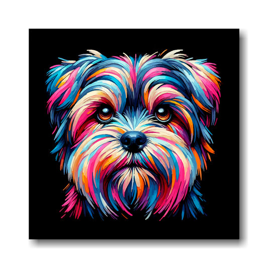 Colourful Shorkie dog painting on a black background.