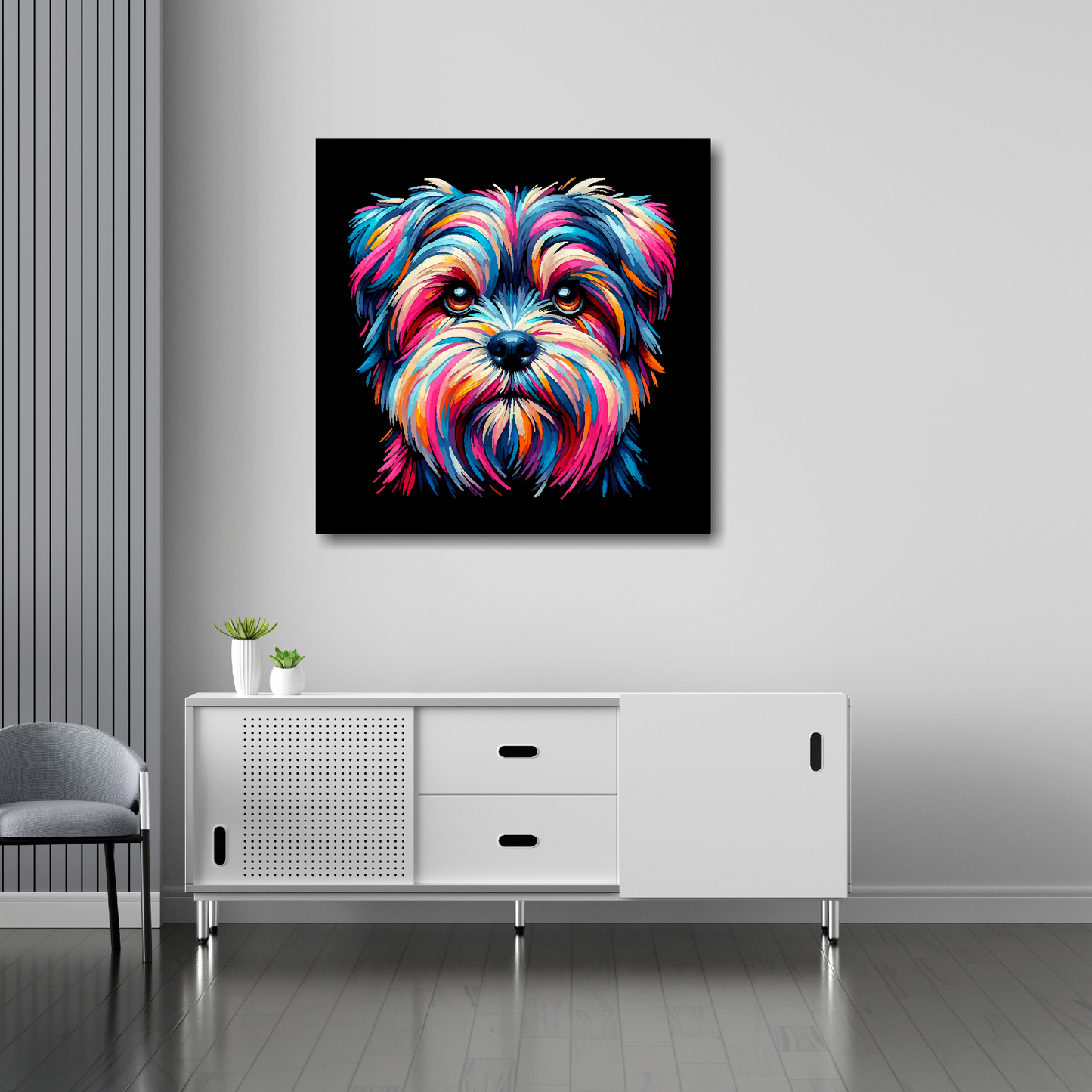 30 inch by 30 inch canvas print featuring a multi-coloured Shorkie dog portrait. Mounted on a white wall above a white sideboard.