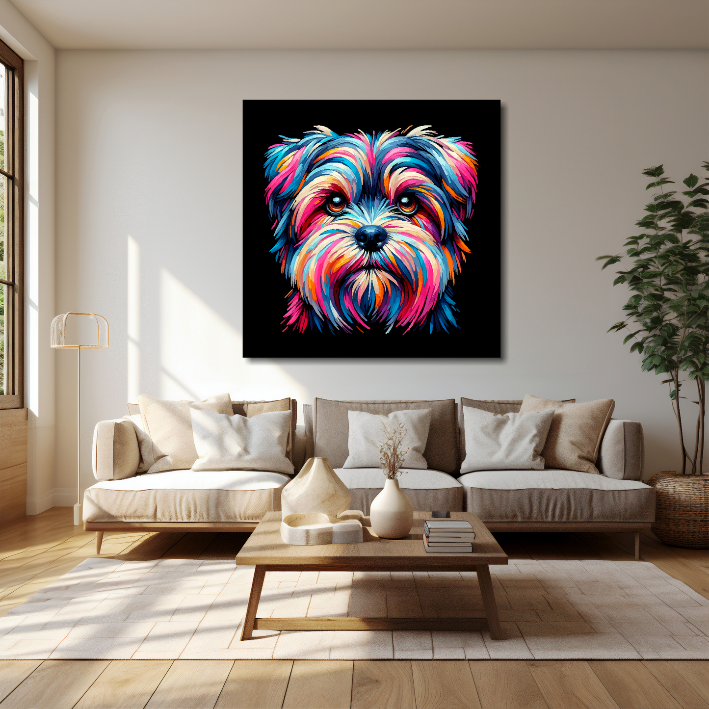 40 inch by 40 inch canvas print featuring a multi-coloured Shorkie dog portrait. Mounted on a cream wall above a cream sofa with decorative pillows.