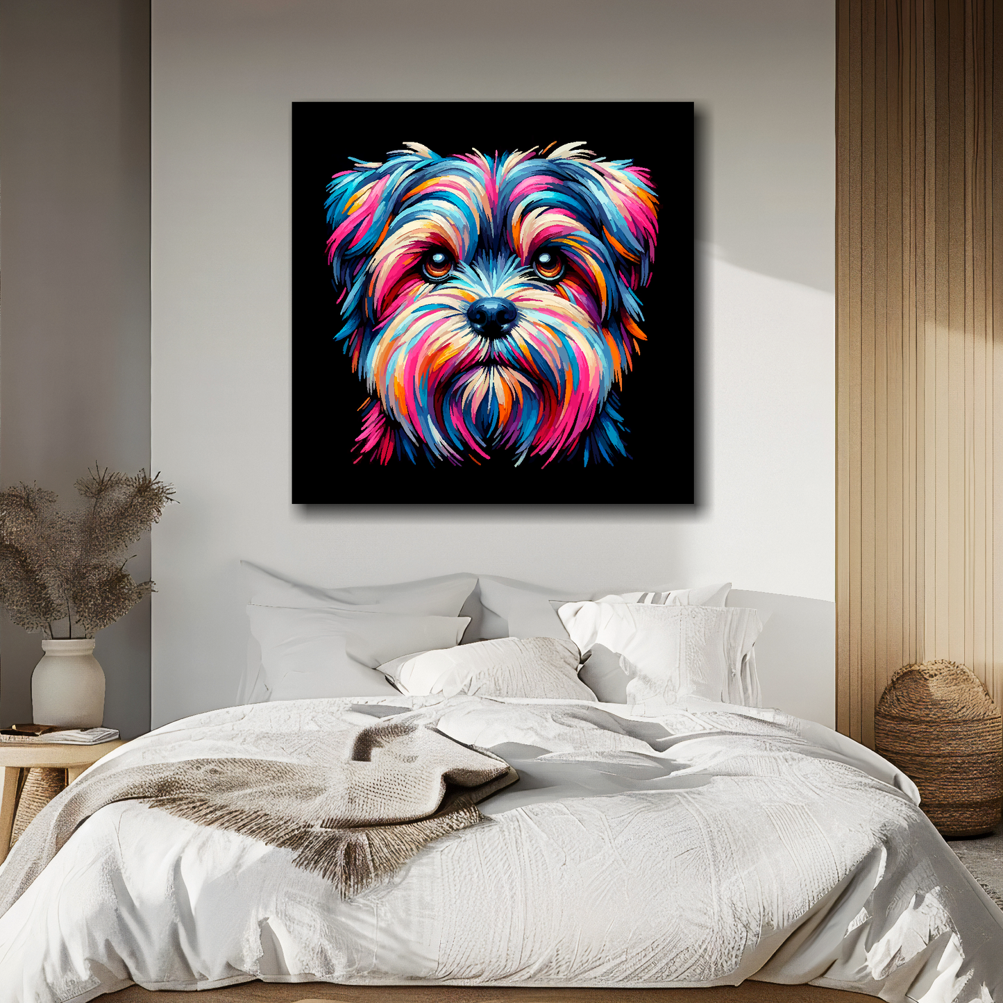 Canvas print featuring a multi-coloured Shorkie dog portrait. Mounted on a white wall above a double bed.