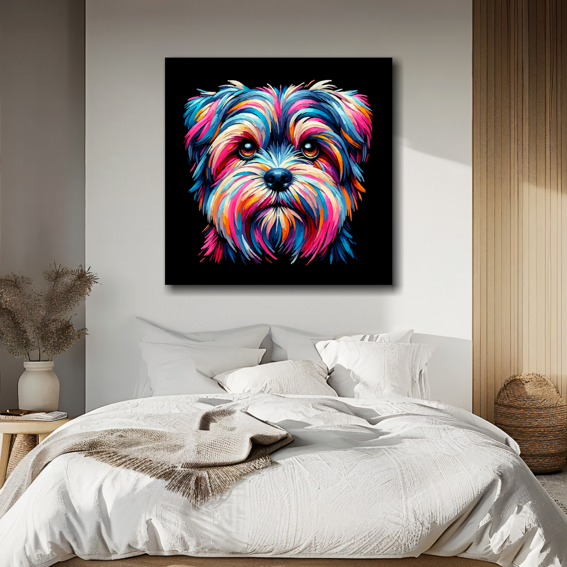 Canvas print featuring a multi-coloured Shorkie dog portrait. Mounted on a white wall above a double bed.