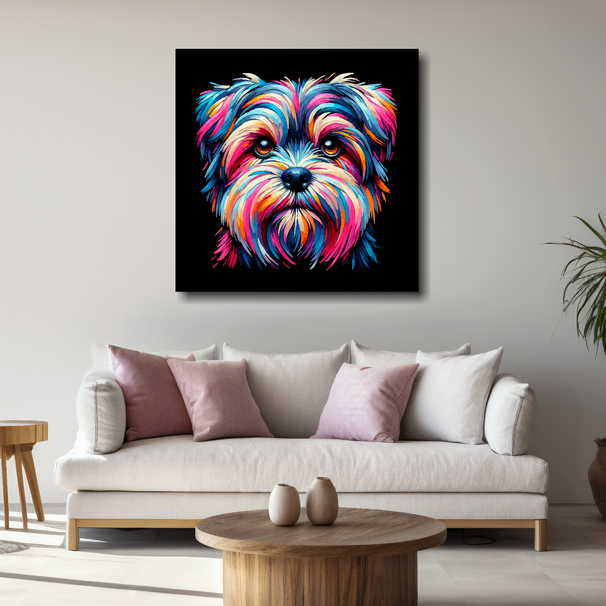 Large canvas print featuring a multi-coloured Shorkie dog portrait. Mounted on a white wall above a white sofa with decorative pillows.
