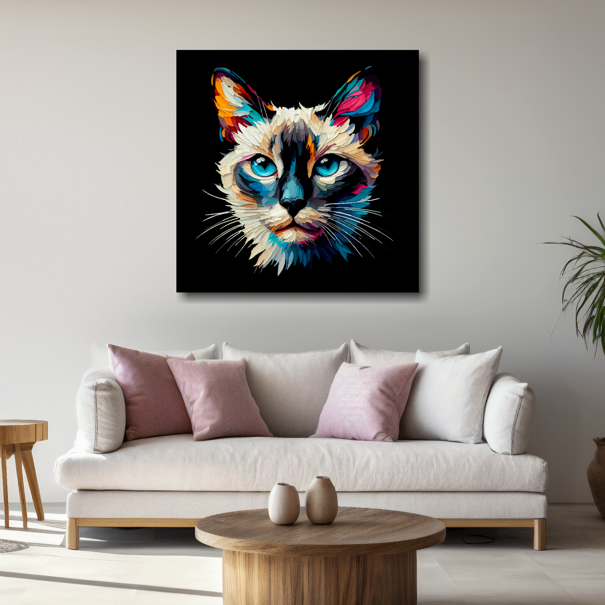 Large canvas wall art - A vibrant multi-coloured head portrait of a Siamese Cat. Available in 3 large sizes.