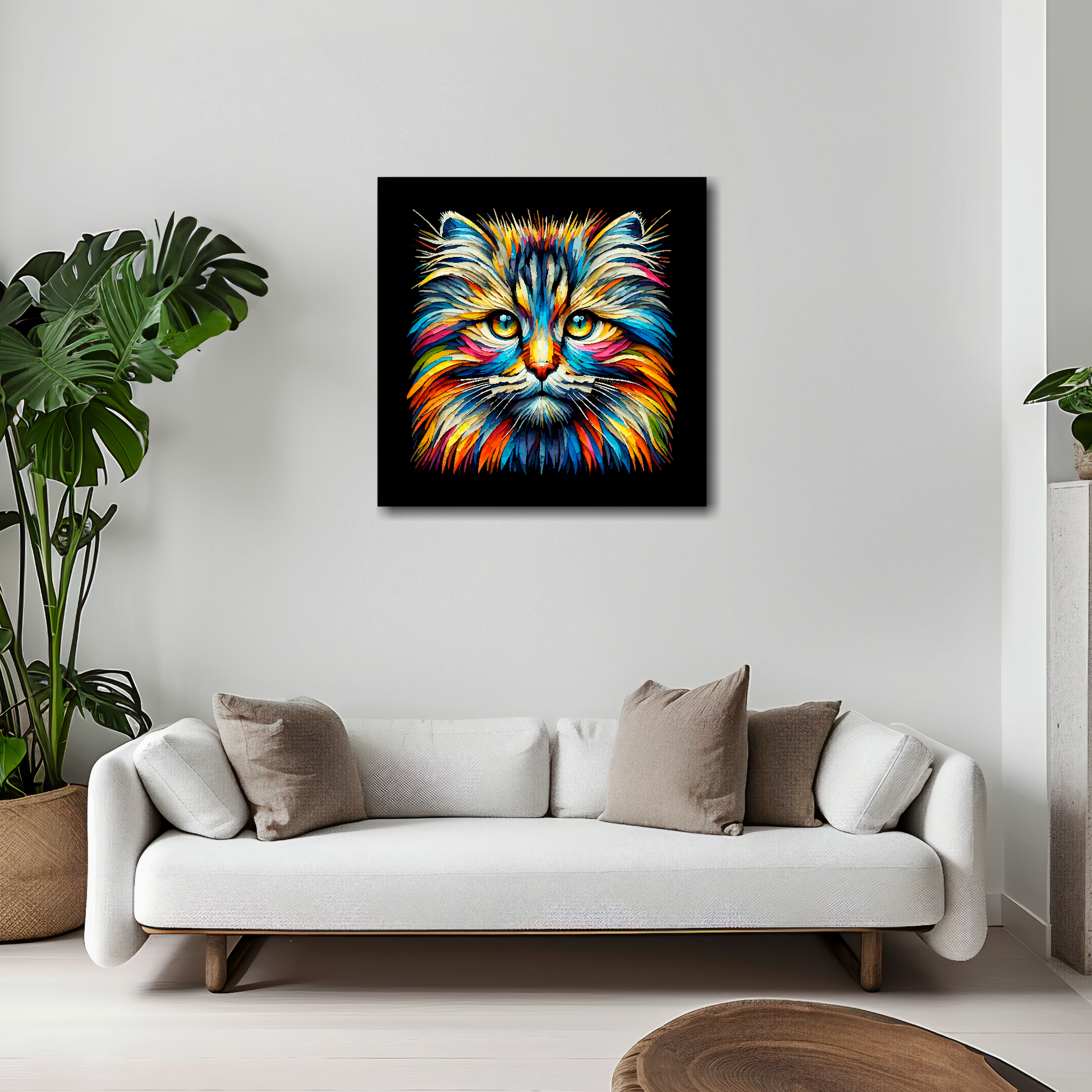20 inch by 20 inch square canvas of a colourful Siberian Forest cat head portrait on a black background. Mounted on a white wall above a white sofa with decorative pillows.