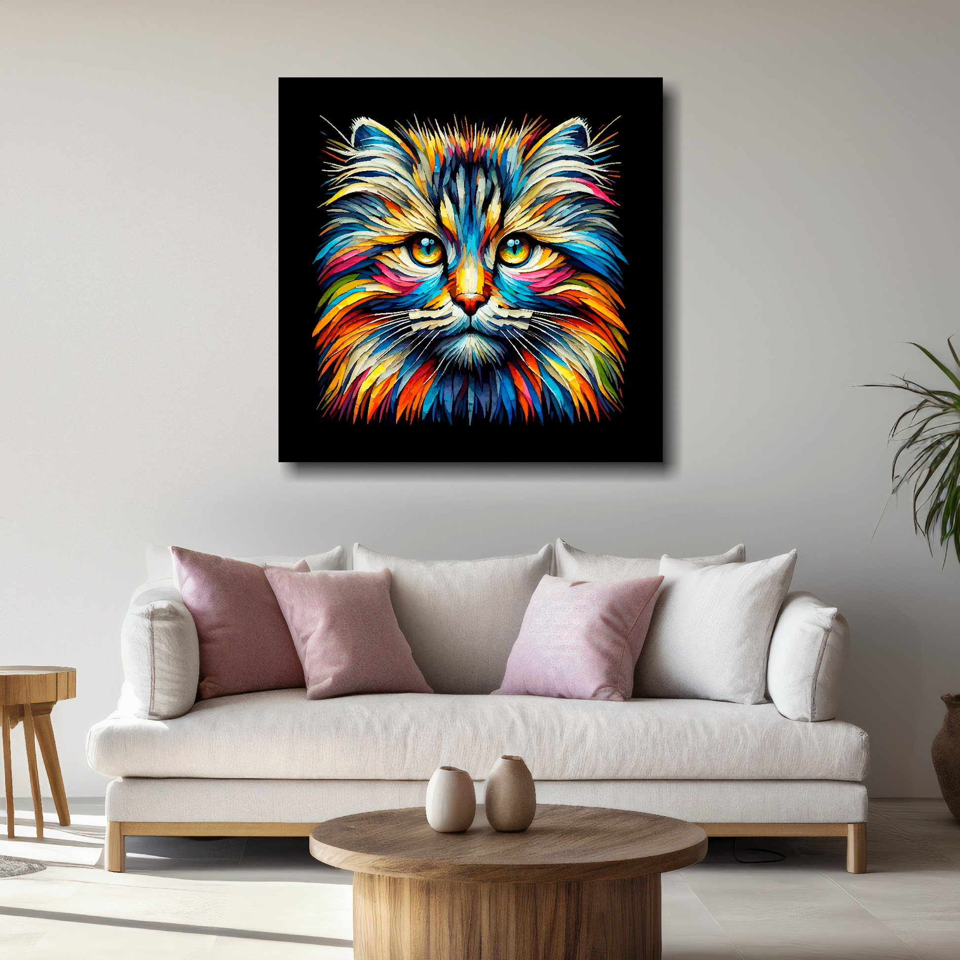 Large canvas wall art - A vibrant multi-coloured head portrait of a Siberian Forest Cat. Available in 3 large sizes.