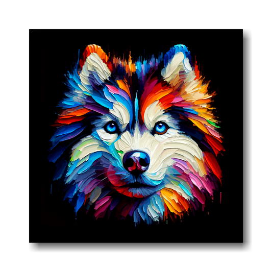 Colourful abstract portrait of a Siberian Husky on a black background.
