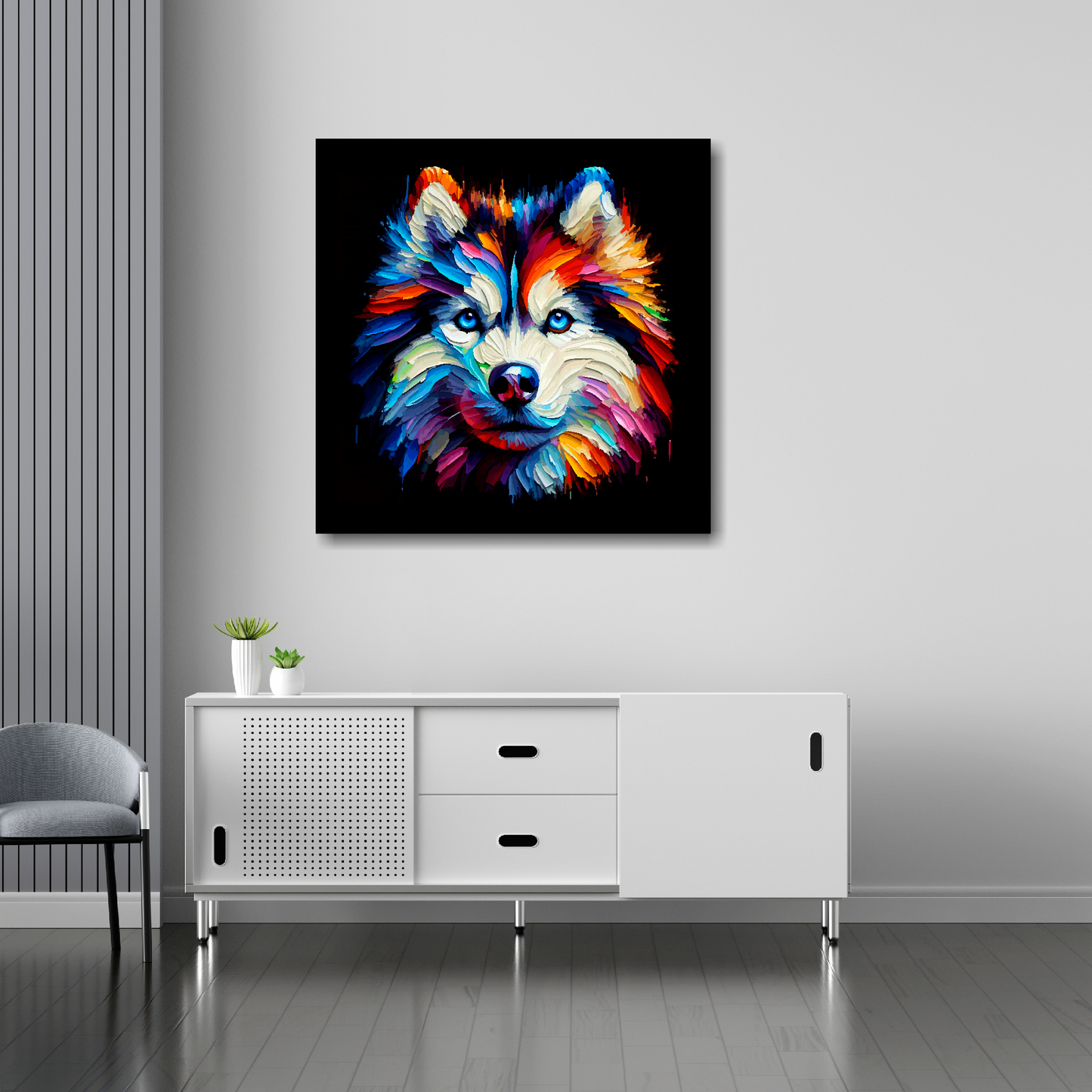 30 inch by 30 inch square canvas featuring a multi-coloured Siberian Husky dog portrait. Mounted on a white wall above a white sideboard.