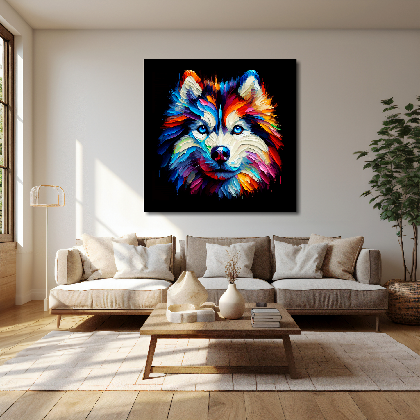 20 inch by 20 inch square canvas featuring a multi-coloured Siberian Husky dog portrait. Mounted on a cream wall above a cream sofa with decorative pillows.