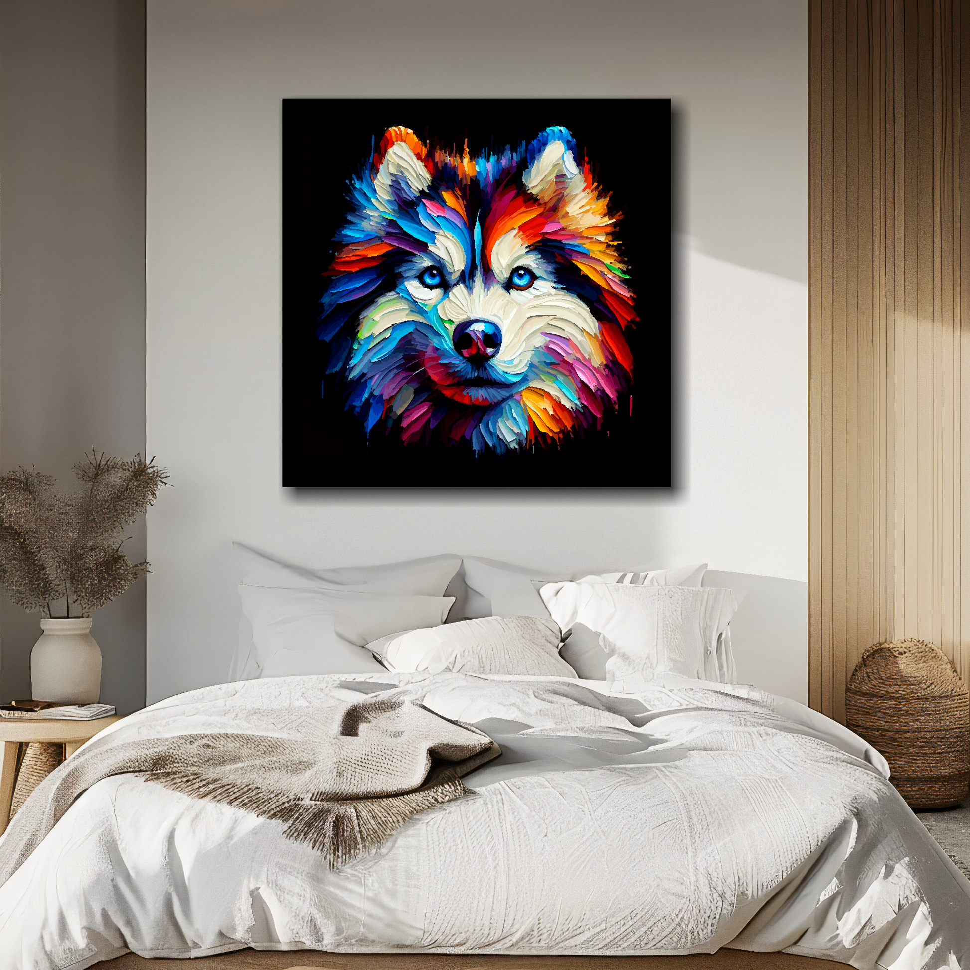 Large square canvas featuring a multi-coloured Siberian Husky dog portrait. Mounted on a white wall above a double bed.