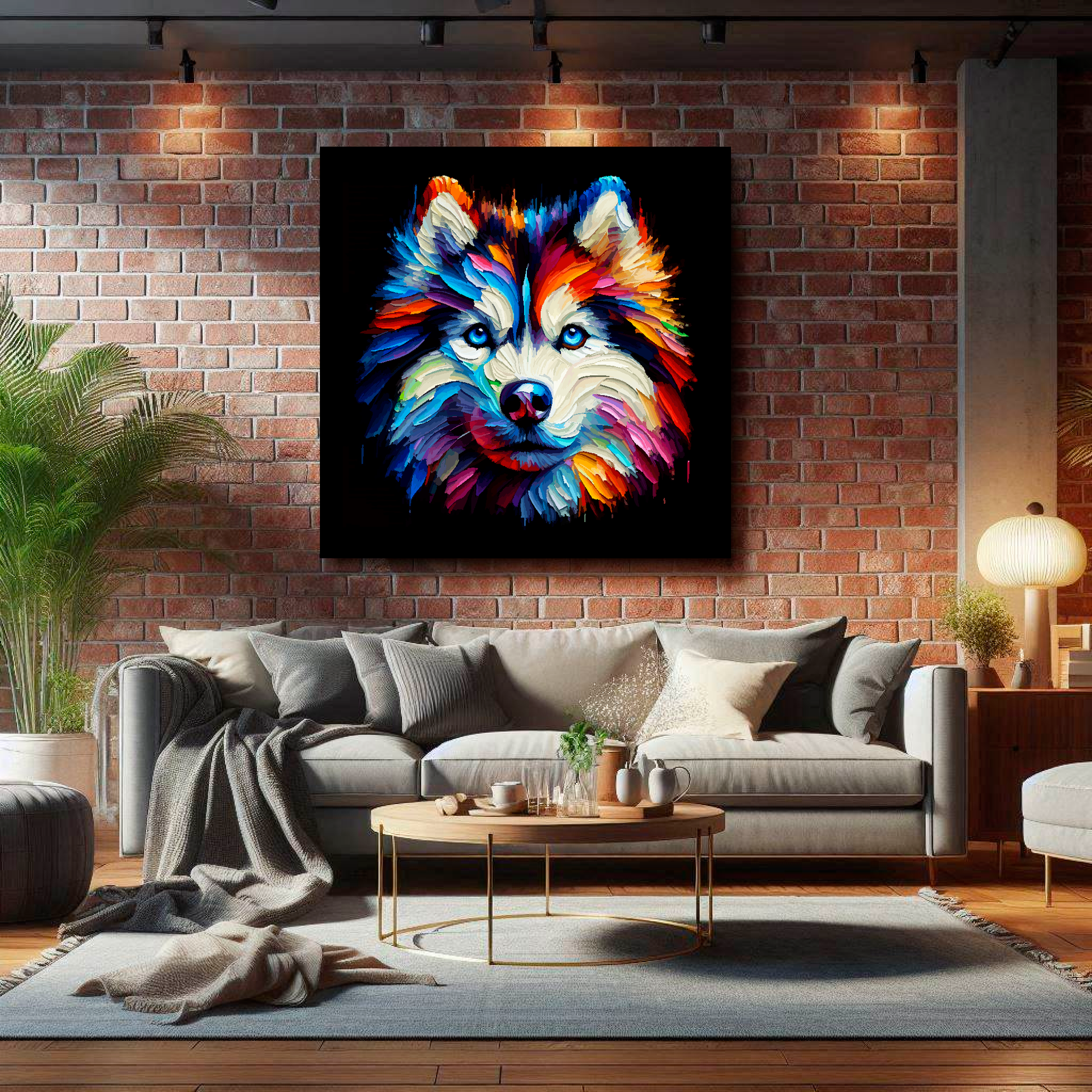 XL square canvas featuring a multi-coloured Siberian Husky dog portrait. Mounted on a brick wall above a grey sofa with decorative pillows.