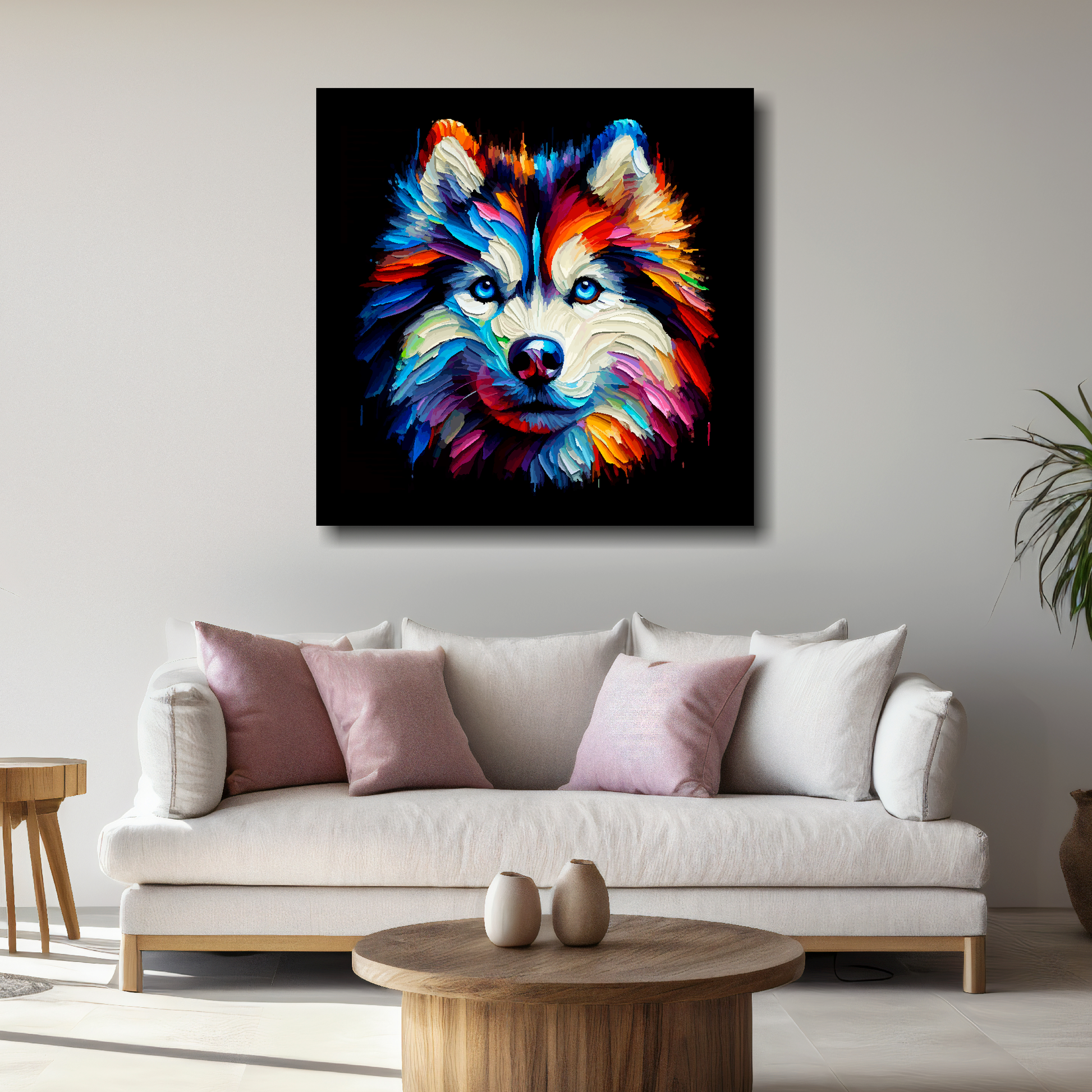 Square canvas featuring a multi-coloured Siberian Husky dog portrait. Mounted on a white wall above a white sofa with decorative pillows.